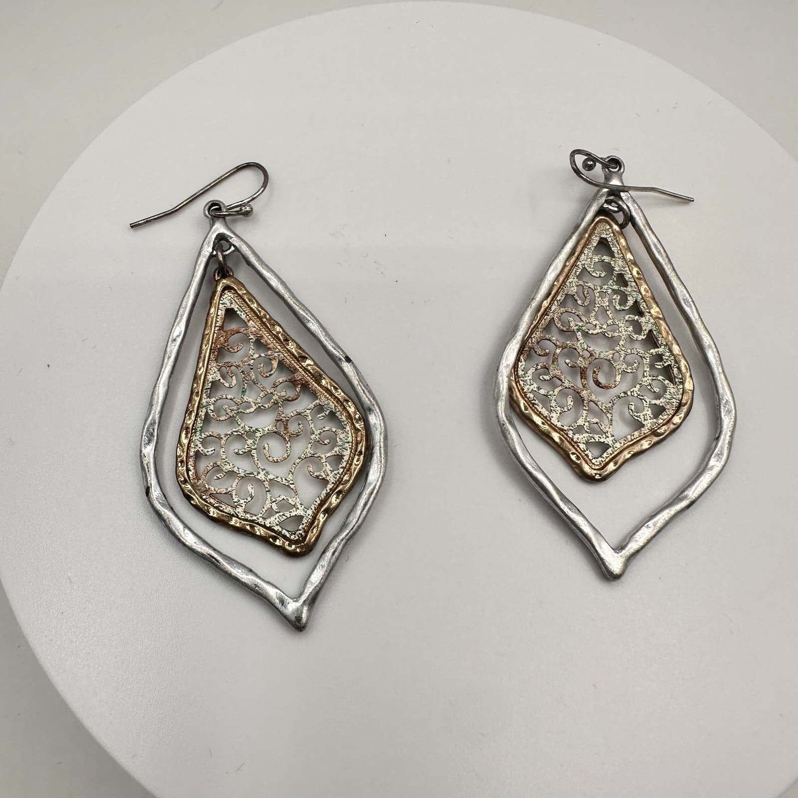 Vintage 90s Metal Filigree Teardrop Dangle Earrings Silver & Gold Tone Boho - Thumbnail 2