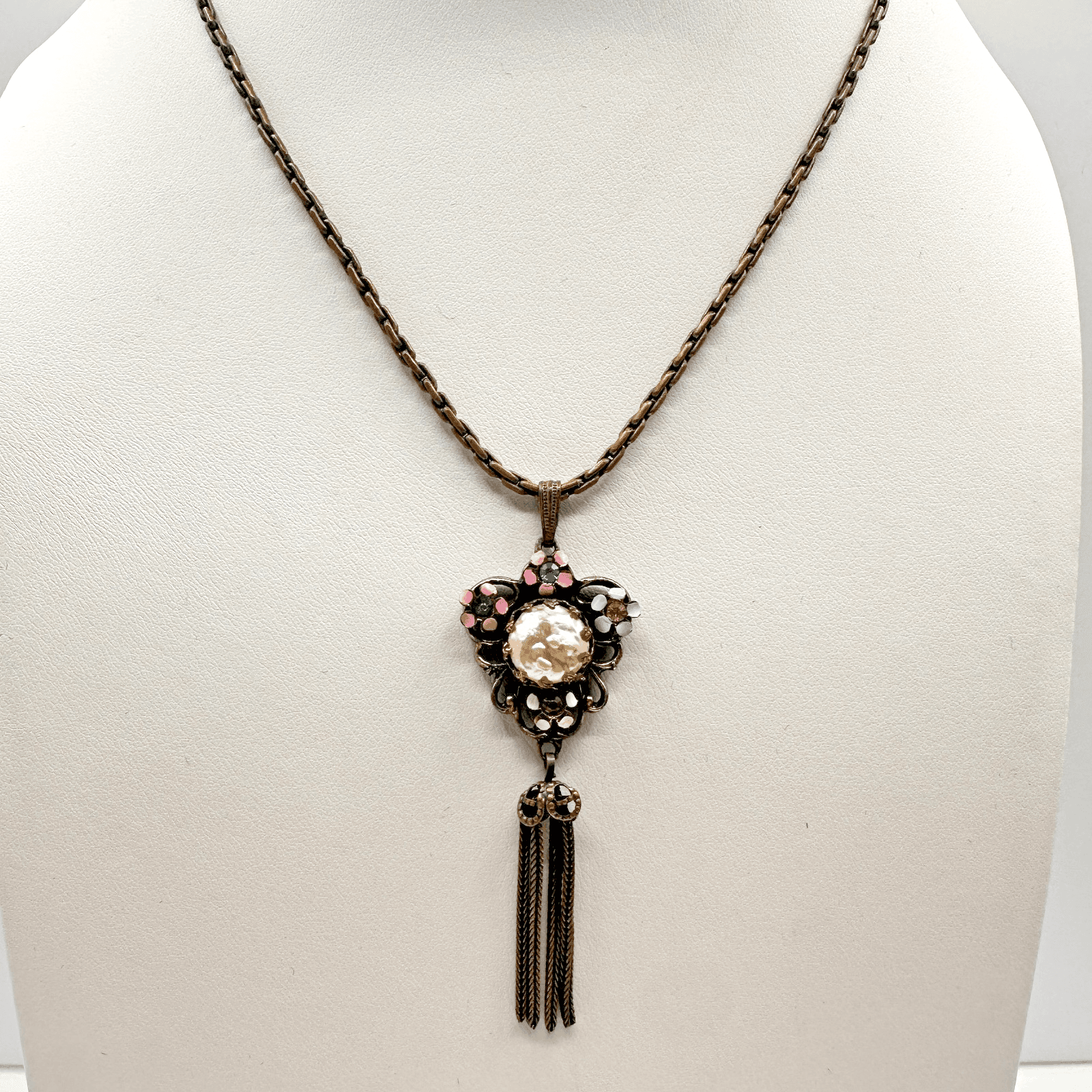 Vintage 80s Enamel Floral Tassel Necklace Faux Pearl Glass Bronze Tone Jewelry - Image 1