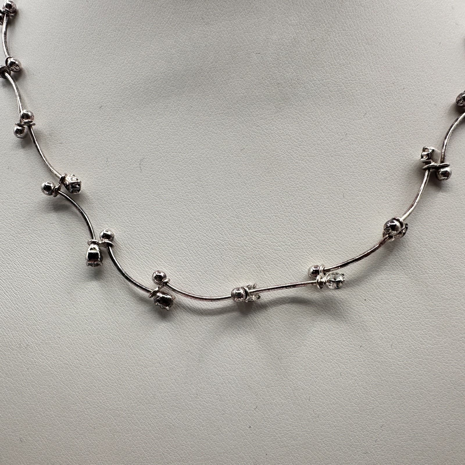 Vintage 90s Silver Tone Glass Choker Necklace & Dangle Earrings Jewelry Set - Thumbnail 2