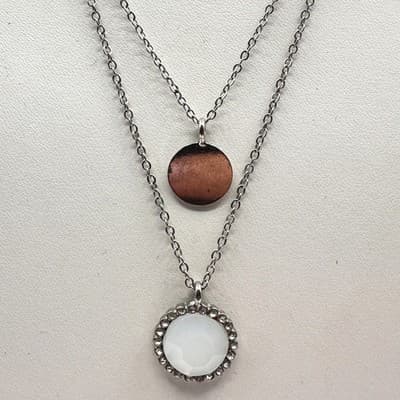 Vintage 90s Silver Tone Layered Double Strand Necklace White Stone Disc Style - Image 1