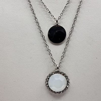 Vintage 90s Silver Tone Layered Double Strand Necklace White Stone Disc Style - Thumbnail 4