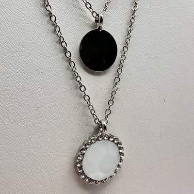 Vintage 90s Silver Tone Layered Double Strand Necklace White Stone Disc Style - Thumbnail 5