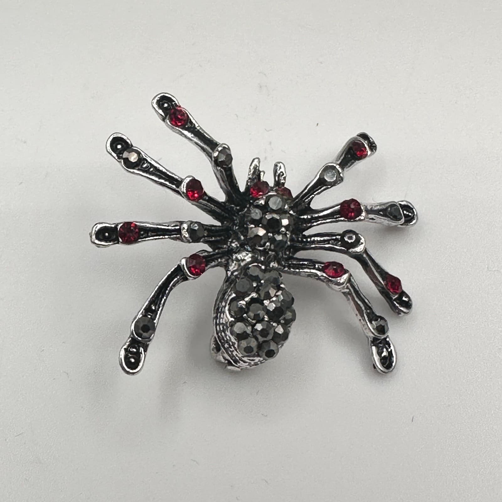 Vintage 90s Silver Tone Red Black Rhinestone Spider Brooch Pin Halloween Goth - Image 1