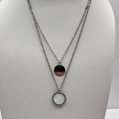 Vintage 90s Silver Tone Layered Double Strand Necklace White Stone Disc Style - Thumbnail 2
