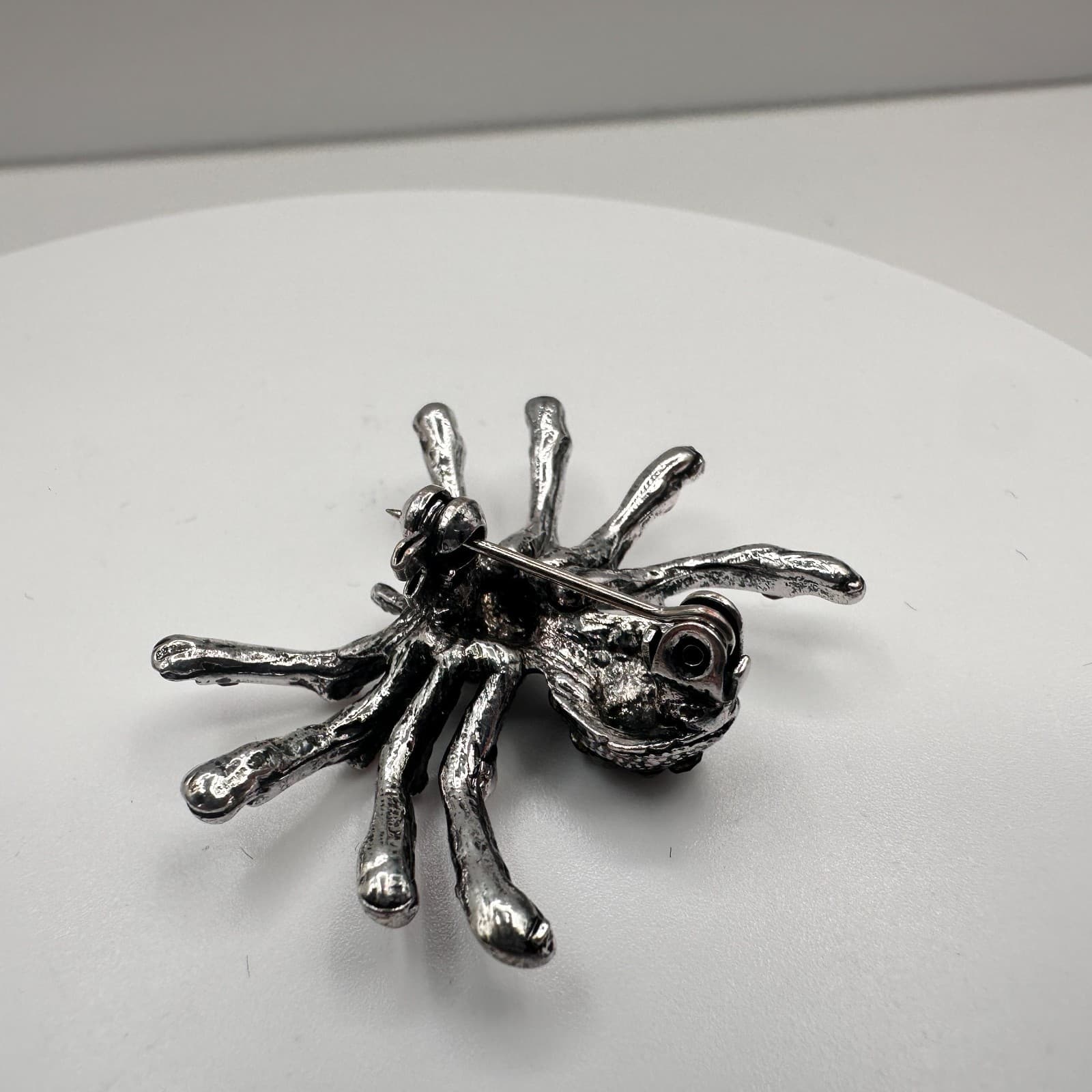 Vintage 90s Silver Tone Red Black Rhinestone Spider Brooch Pin Halloween Goth - Thumbnail 6