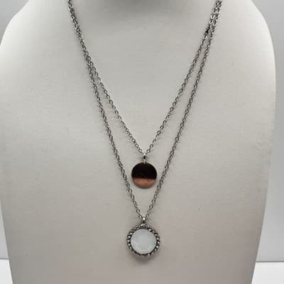 Vintage 90s Silver Tone Layered Double Strand Necklace White Stone Disc Style - Thumbnail 6