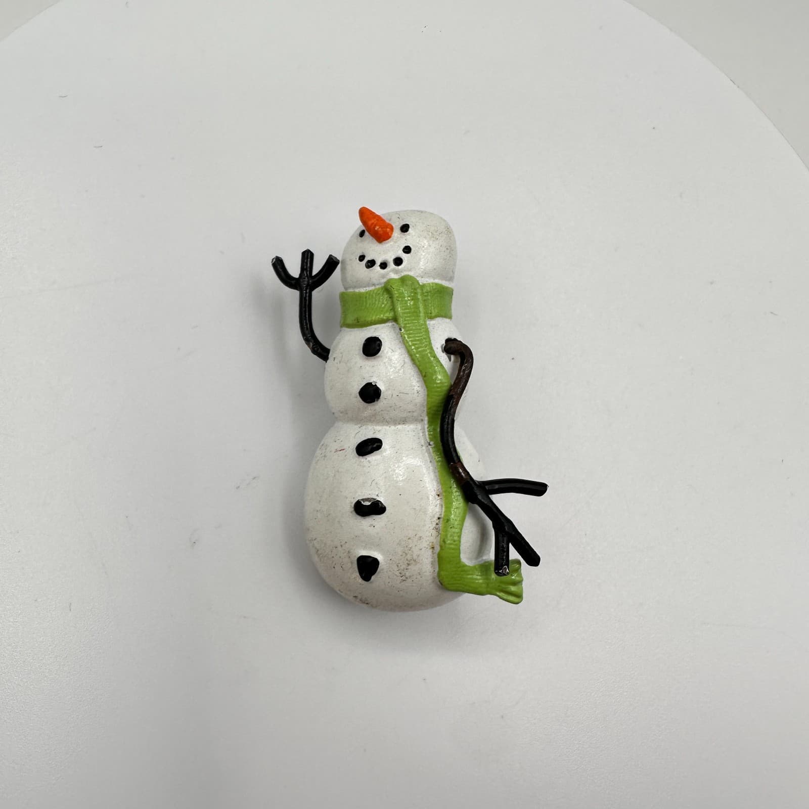 Vintage 80s Snowman Brooch Pin White Enamel Green Scarf Winter Classic Jewelry - Thumbnail 2
