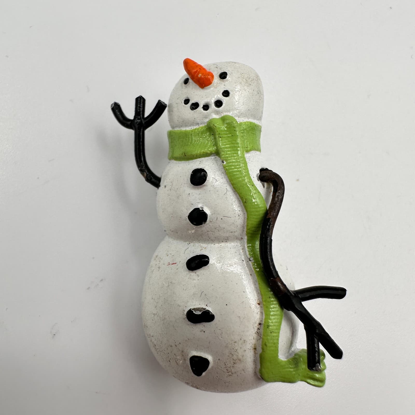 Vintage 80s Snowman Brooch Pin White Enamel Green Scarf Winter Classic Jewelry - Image 1