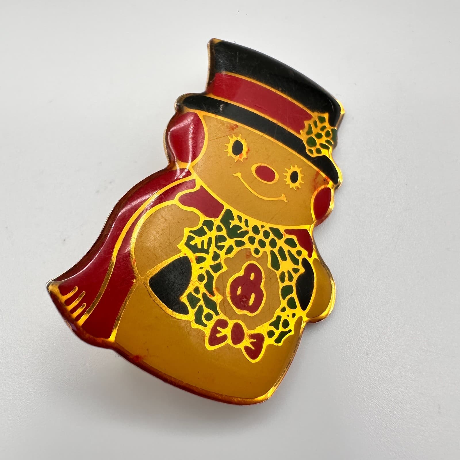 Vintage 80s Christmas Snowman Brooch Pin Gold Tone Enamel Holiday Jewelry - Thumbnail 7