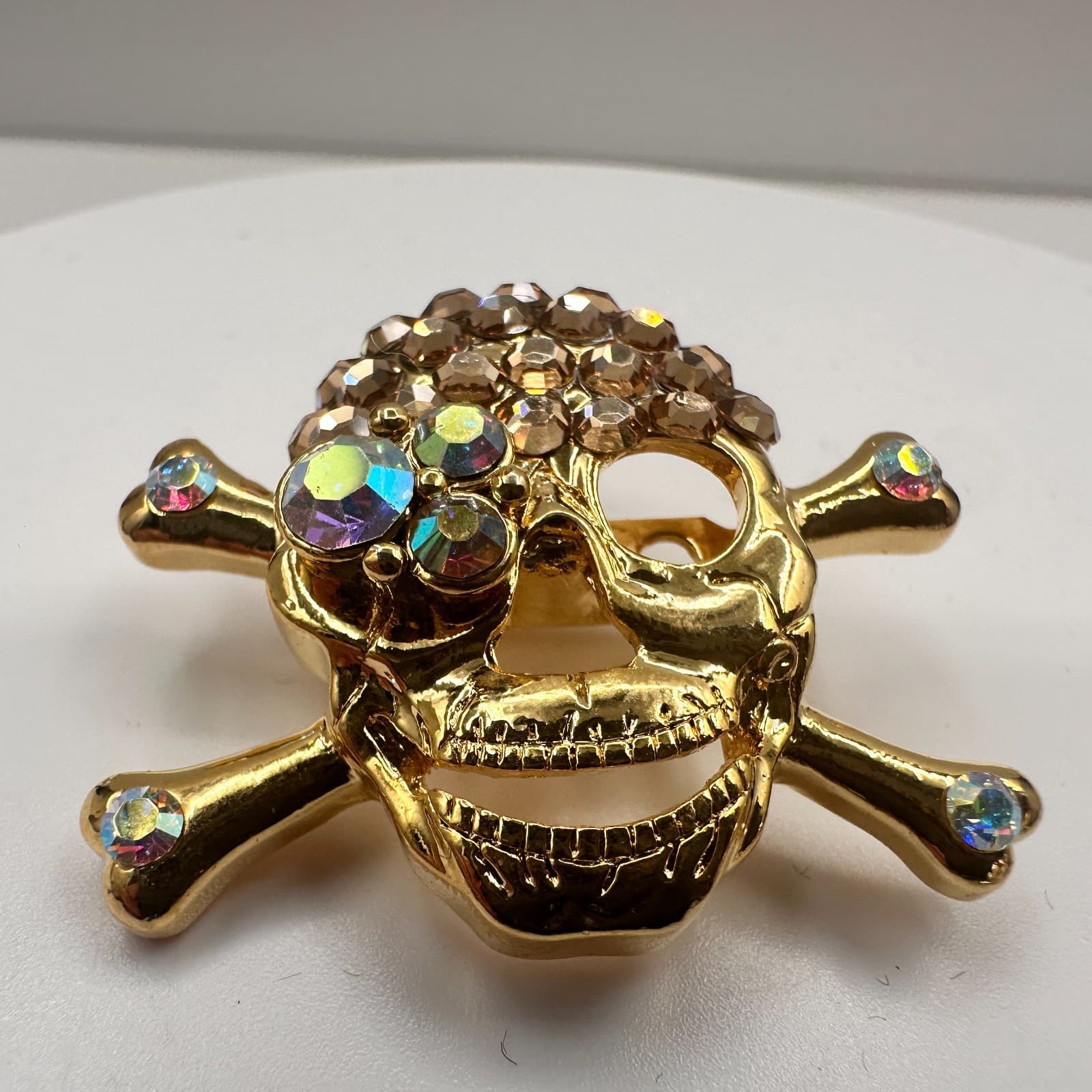 Vintage 90s Skull & Crossbones Brooch Set Gold & Silver Tone Glass Rhinestone - Thumbnail 3