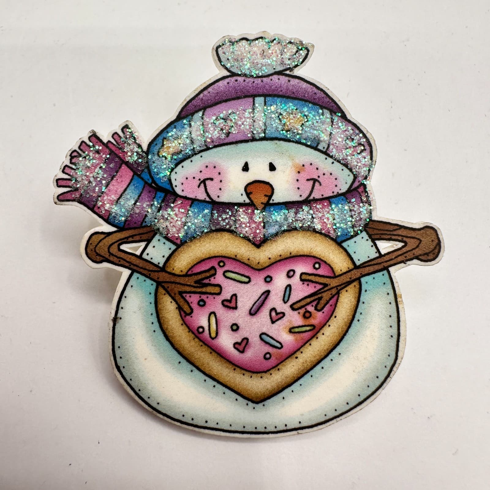 Vintage 90s Krazy Sues Kreations Snowman Gingerbread Pin Brooch Set Glitter Art - Thumbnail 5