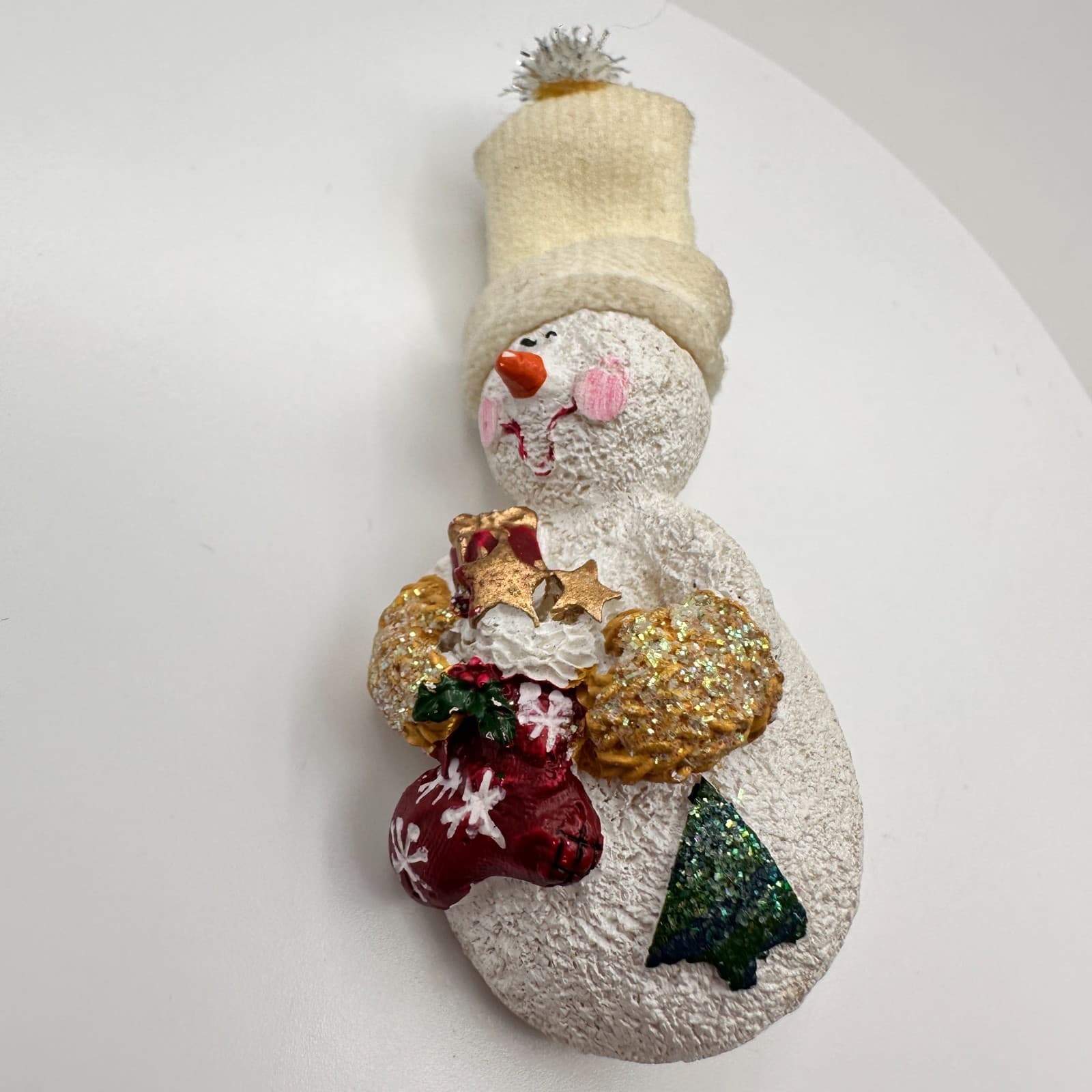 Vintage 90s Snowman Holiday Brooch Pin Glitter Resin Fabric Classic Jewelry - Thumbnail 3