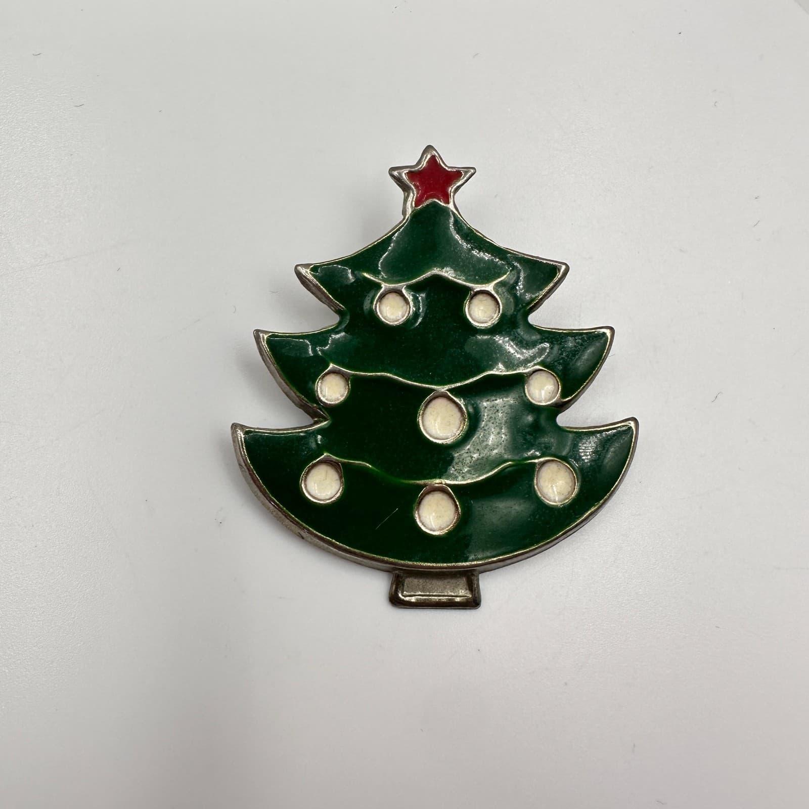 Vintage 90s Christmas Tree Brooch Pin Green Enamel Silver Tone Classic Jewelry - Thumbnail 2
