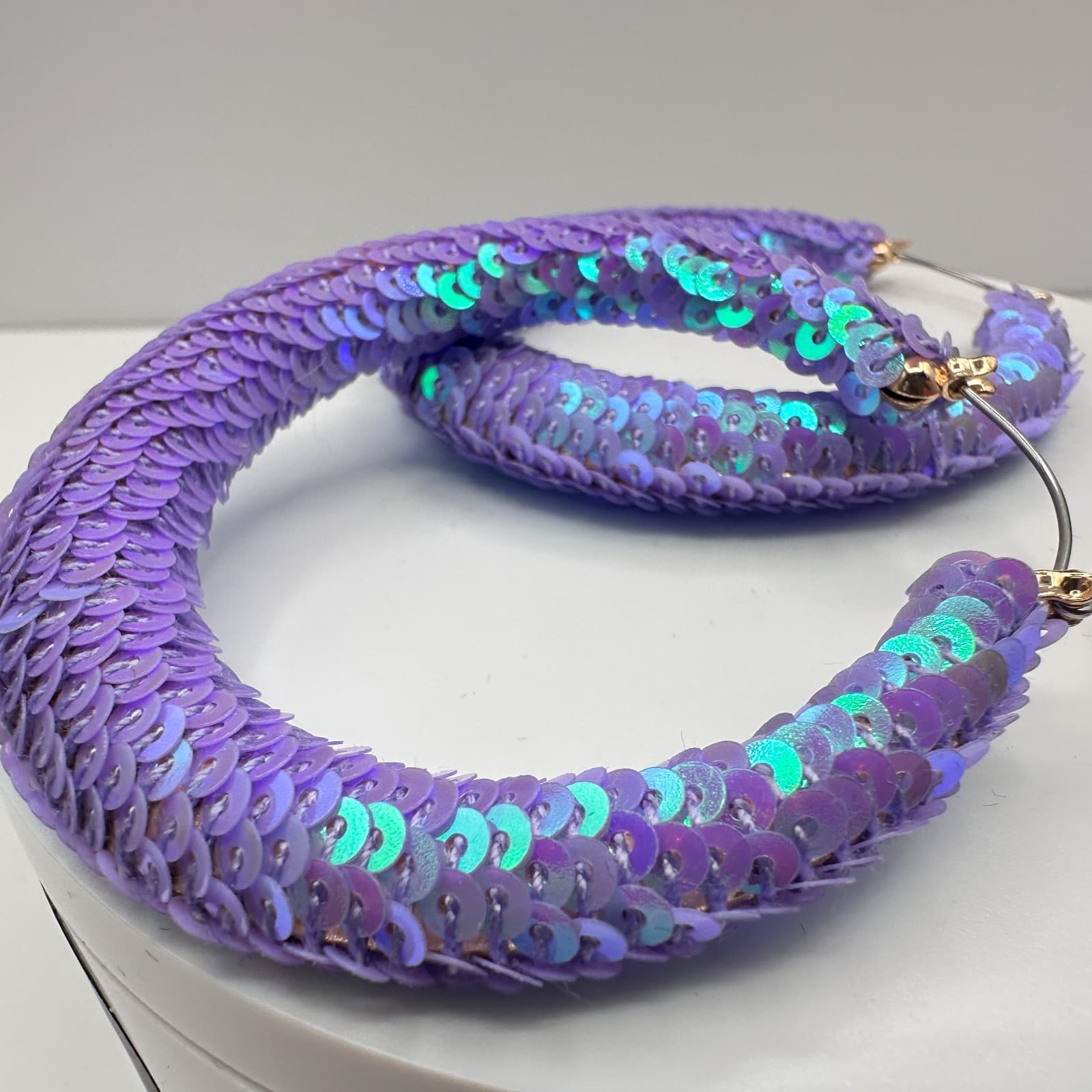 Vintage 90s Purple Iridescent Sequin Hoop Earrings Large Fashion Boho Statement - Thumbnail 4
