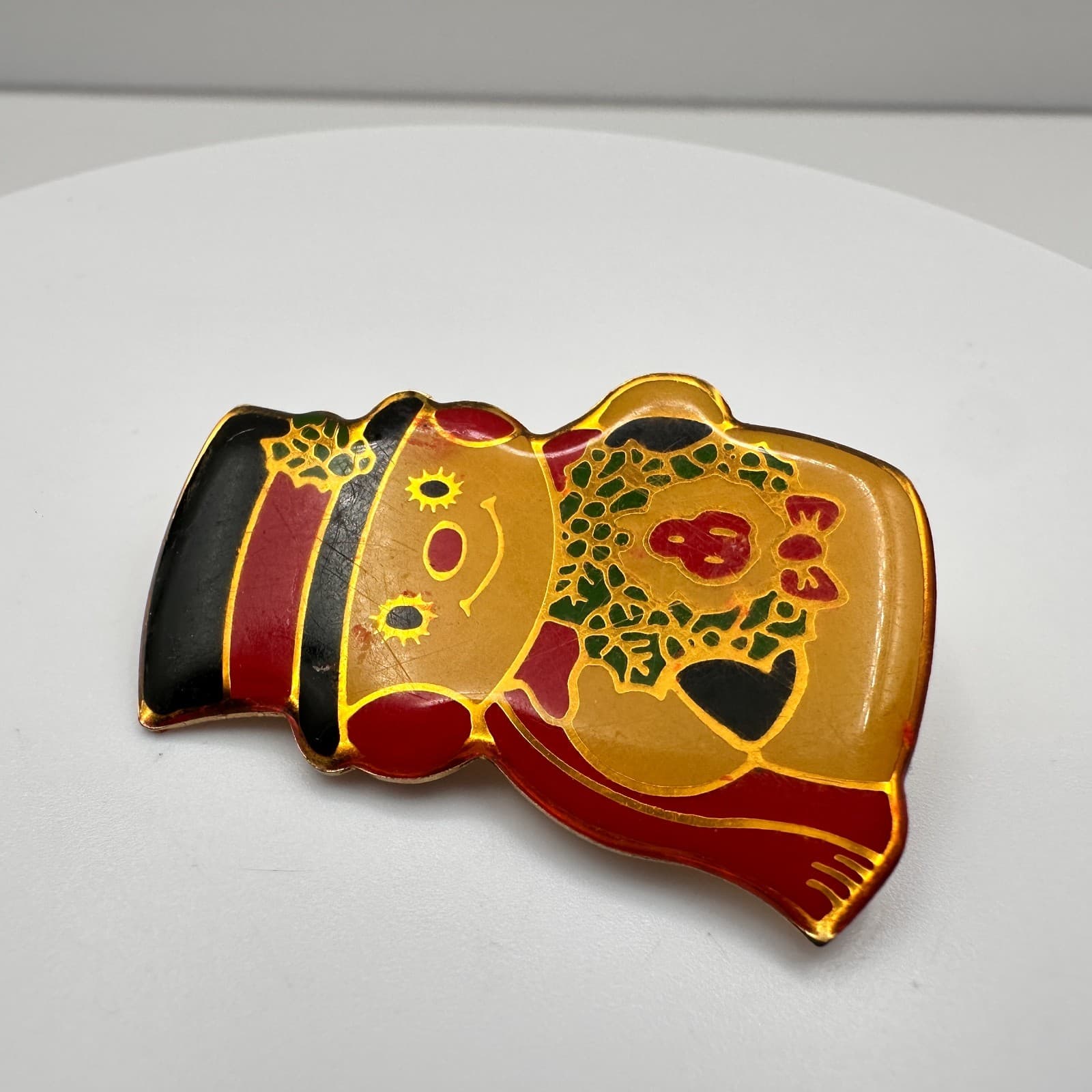 Vintage 80s Christmas Snowman Brooch Pin Gold Tone Enamel Holiday Jewelry - Thumbnail 3