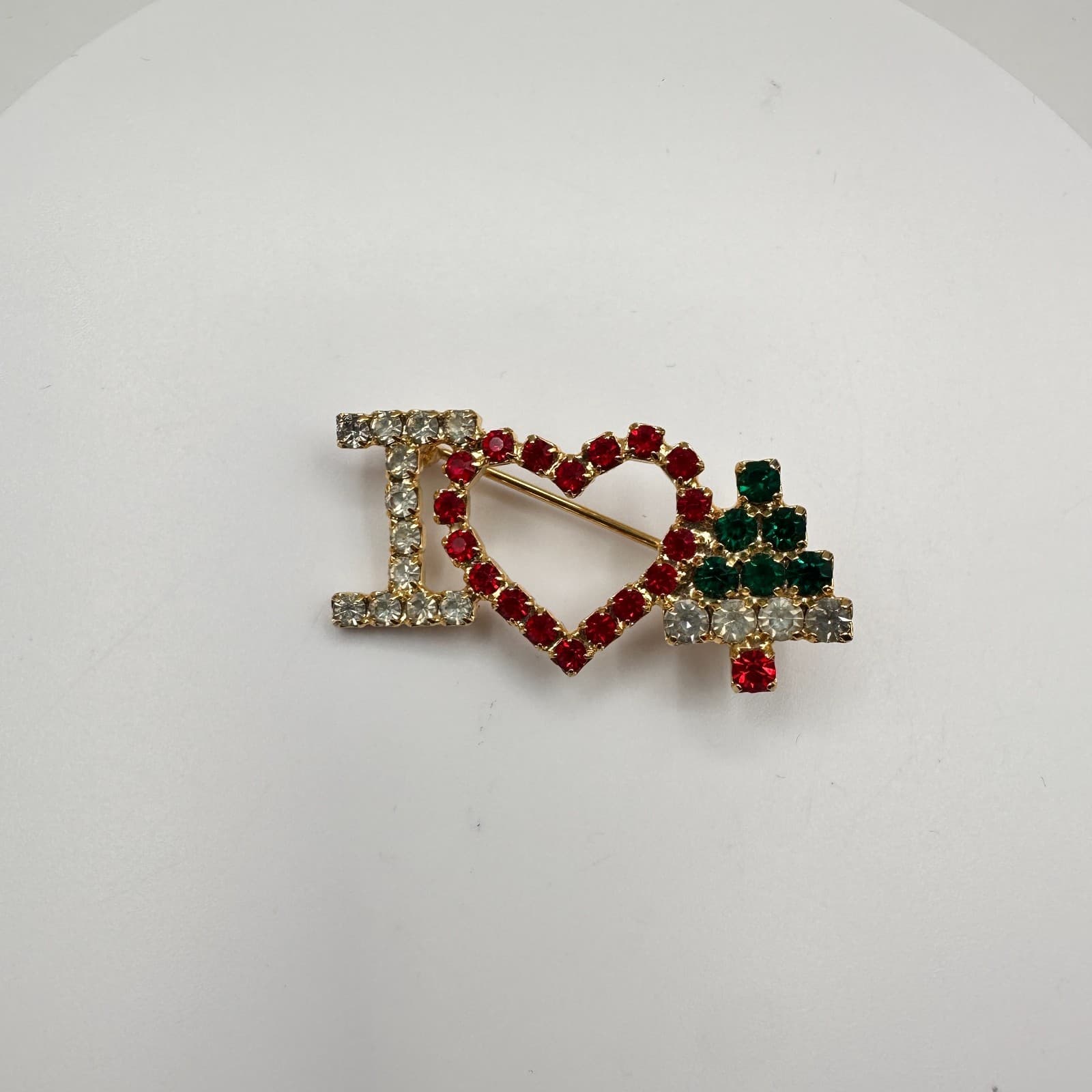 Vintage 90s I Love Christmas Tree Brooch Pin Gold Tone Classic Fashion Jewelry - Image 1