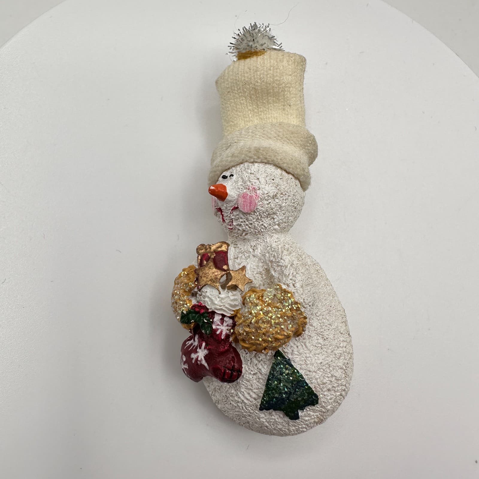 Vintage 90s Snowman Holiday Brooch Pin Glitter Resin Fabric Classic Jewelry - Image 1