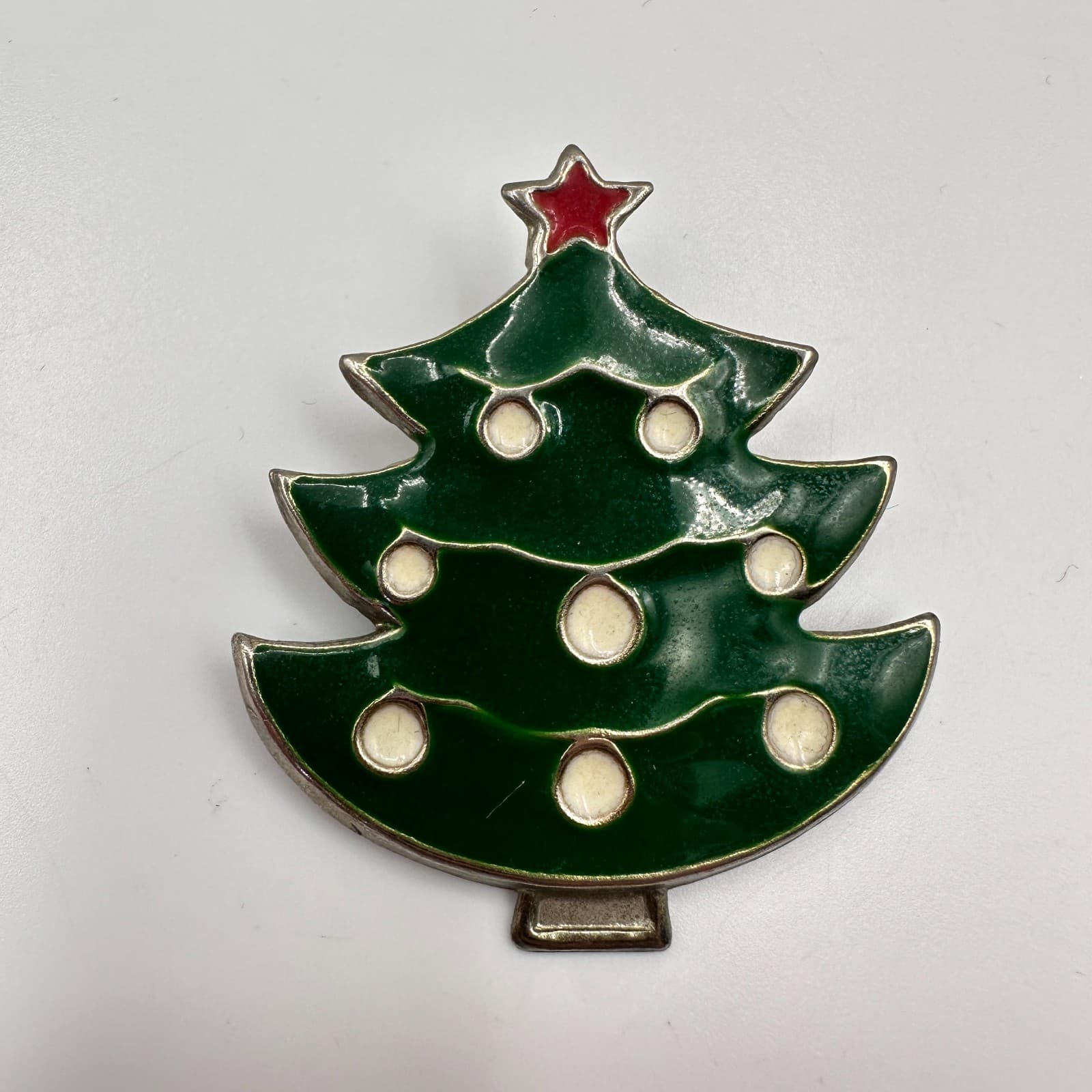 Vintage 90s Christmas Tree Brooch Pin Green Enamel Silver Tone Classic Jewelry - Image 1