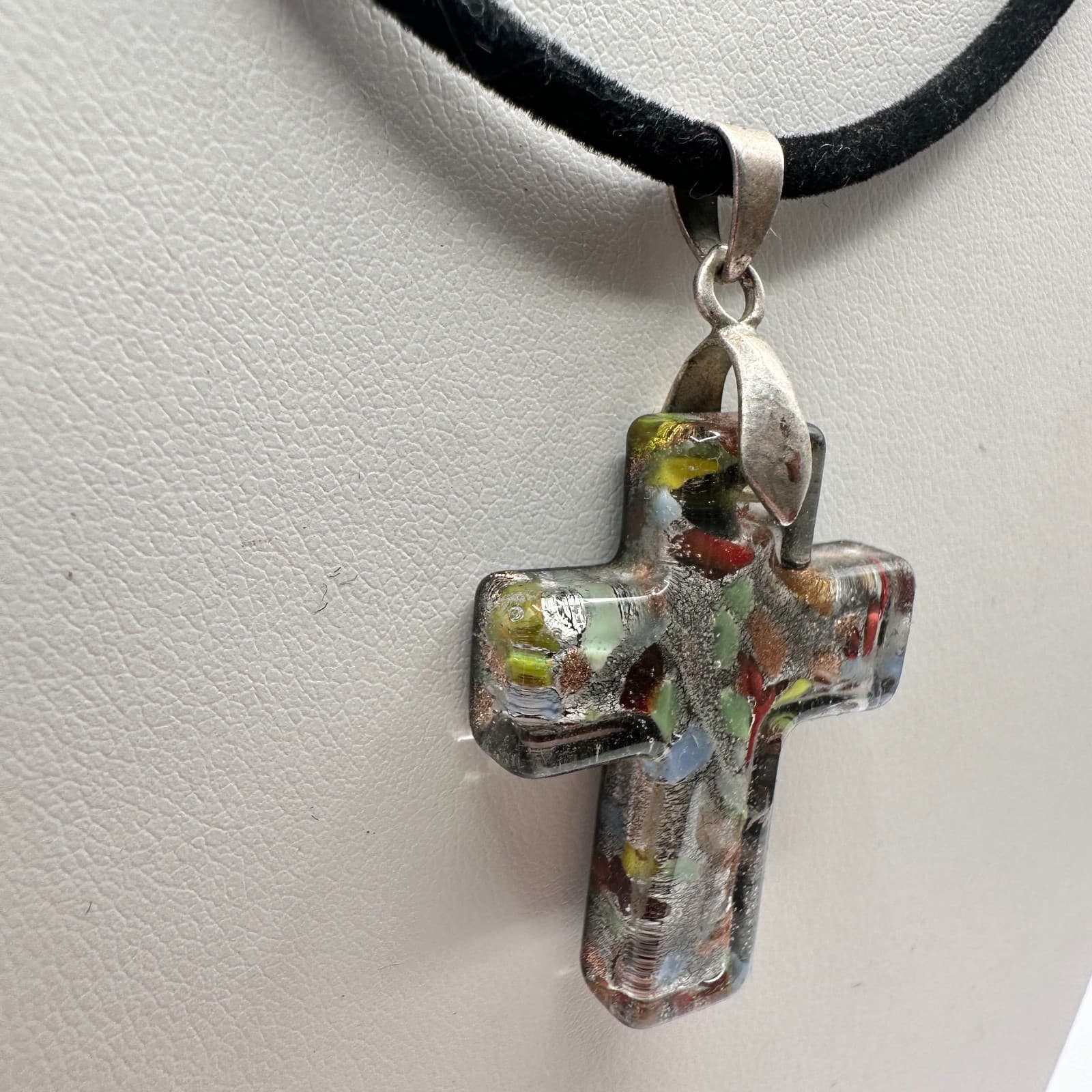 Vintage 90s Millefiori Art Glass Cross Pendant Necklace Multicolor Boho Cord - Thumbnail 4