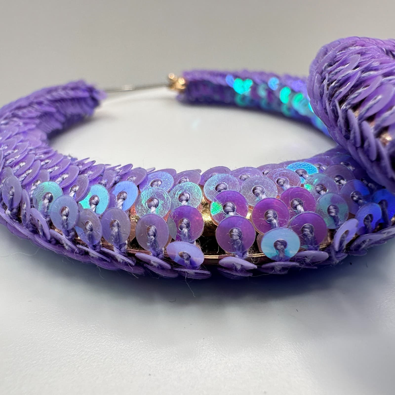 Vintage 90s Purple Iridescent Sequin Hoop Earrings Large Fashion Boho Statement - Thumbnail 3