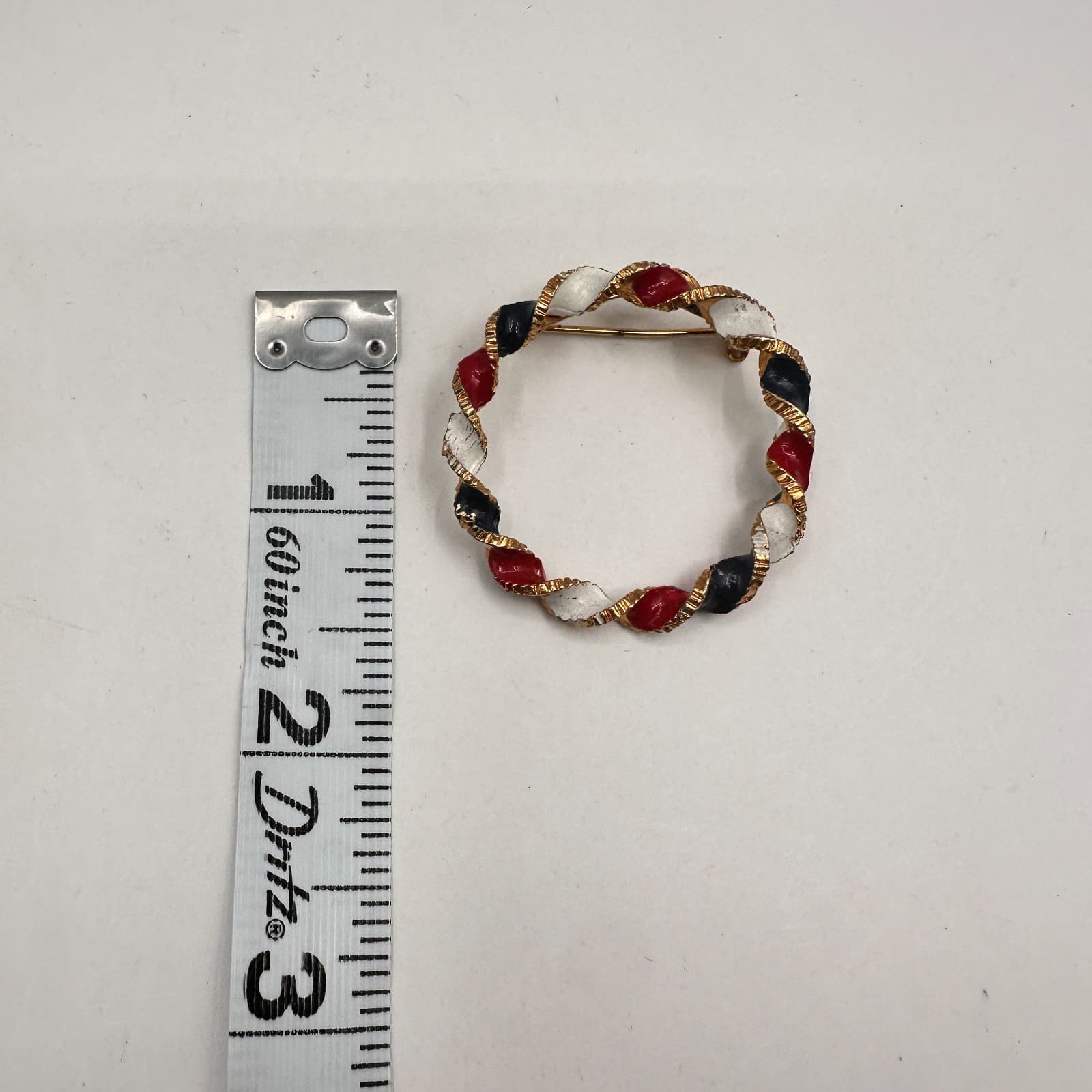 Vintage 80s Gold Tone Enamel Wreath Brooch Nautical Circle Pin Fashion Jewelry - Thumbnail 7