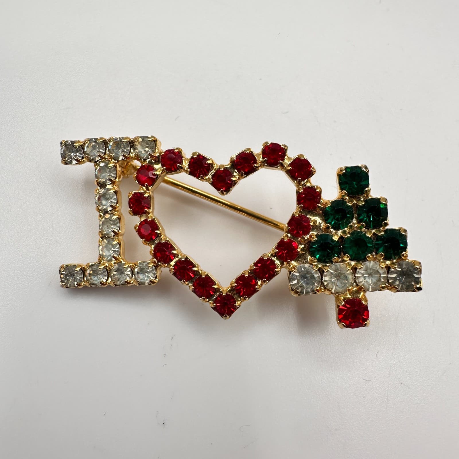 Vintage 90s I Love Christmas Tree Brooch Pin Gold Tone Classic Fashion Jewelry - Thumbnail 2