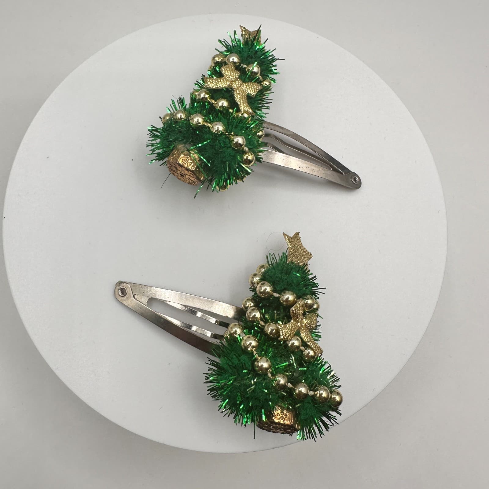 Vintage 90s Christmas Tree Hair Clips Green & Gold Tinsel Festive Snap Barrette - Thumbnail 7