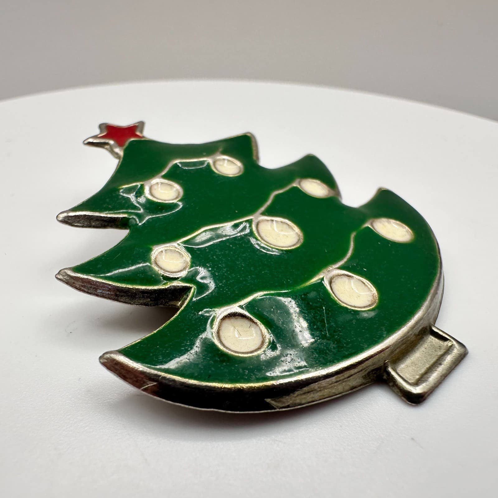 Vintage 90s Christmas Tree Brooch Pin Green Enamel Silver Tone Classic Jewelry - Thumbnail 4
