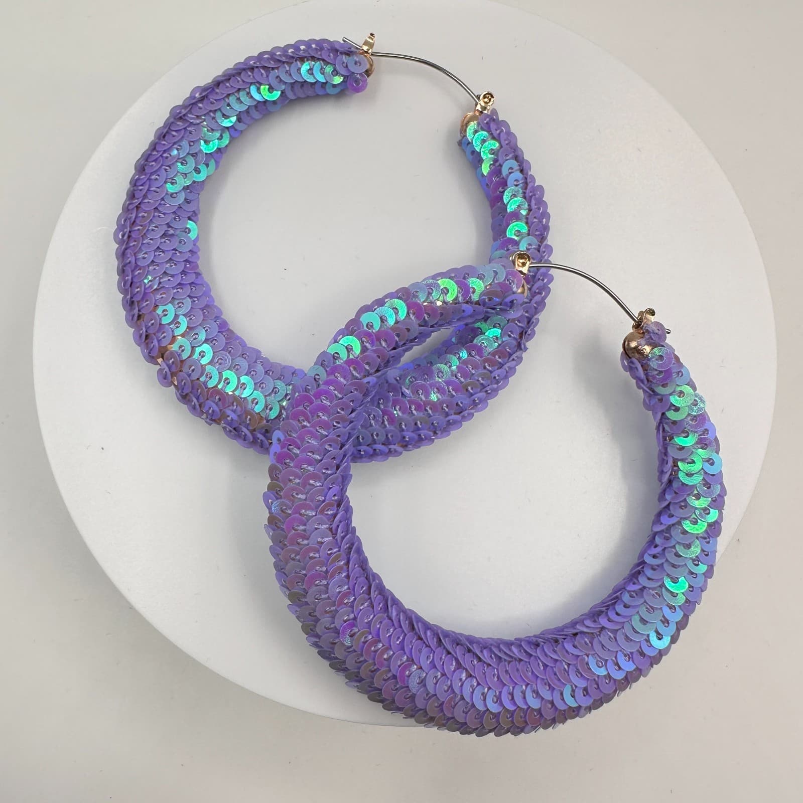 Vintage 90s Purple Iridescent Sequin Hoop Earrings Large Fashion Boho Statement - Thumbnail 6