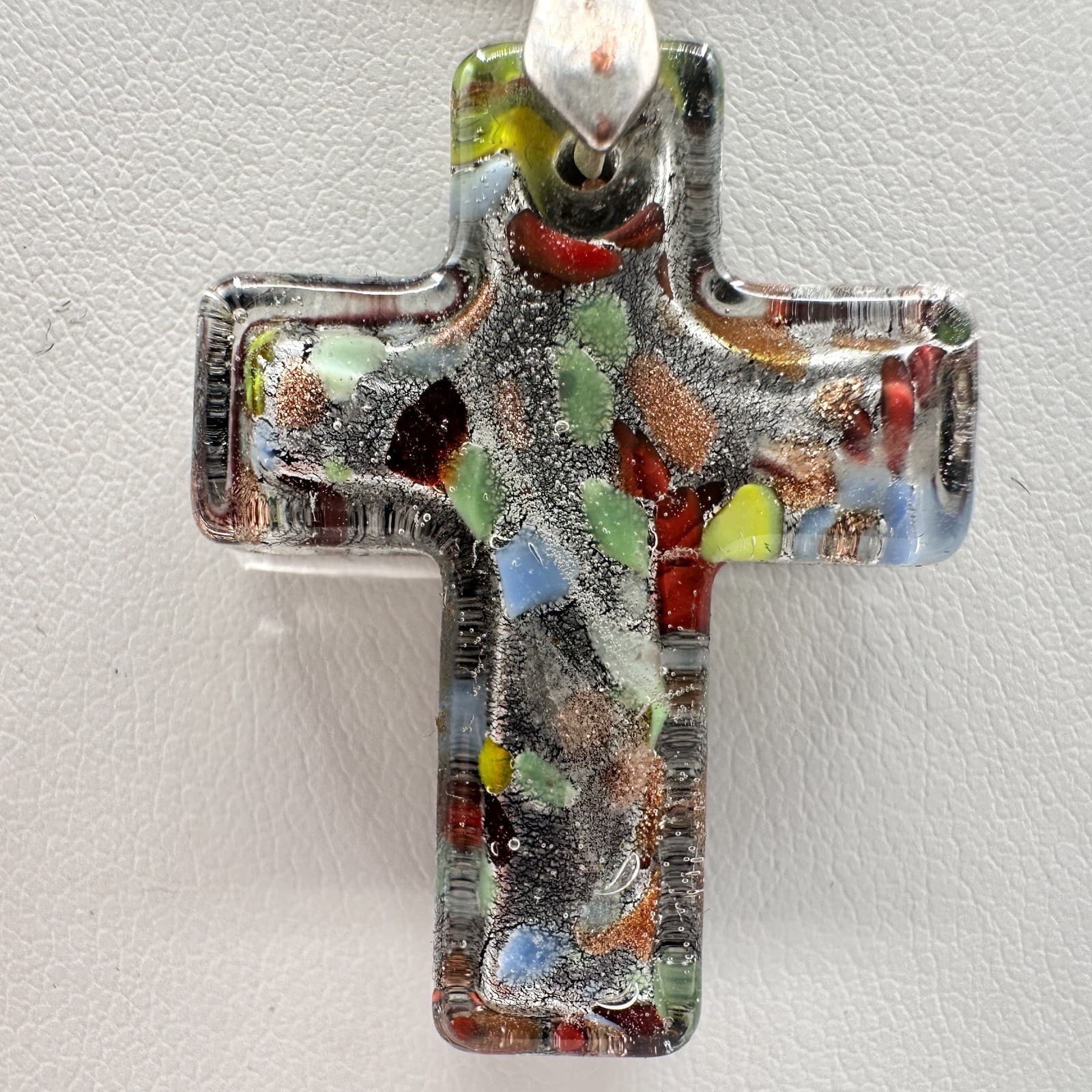 Vintage 90s Millefiori Art Glass Cross Pendant Necklace Multicolor Boho Cord - Thumbnail 3