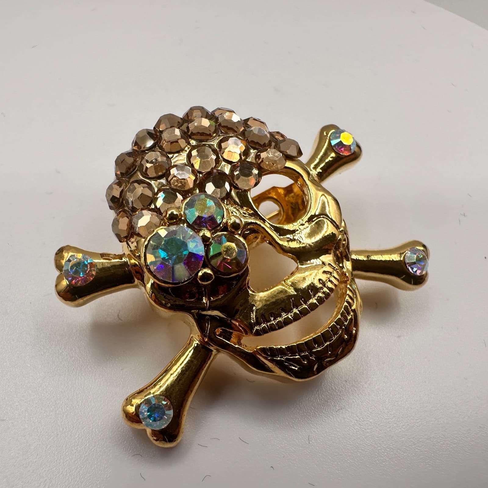 Vintage 90s Skull & Crossbones Brooch Set Gold & Silver Tone Glass Rhinestone - Thumbnail 5