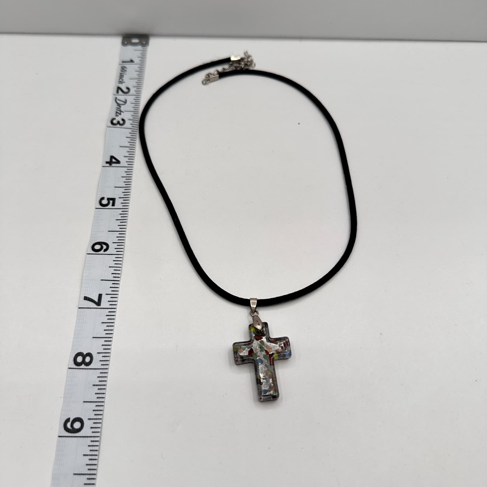Vintage 90s Millefiori Art Glass Cross Pendant Necklace Multicolor Boho Cord - Thumbnail 7