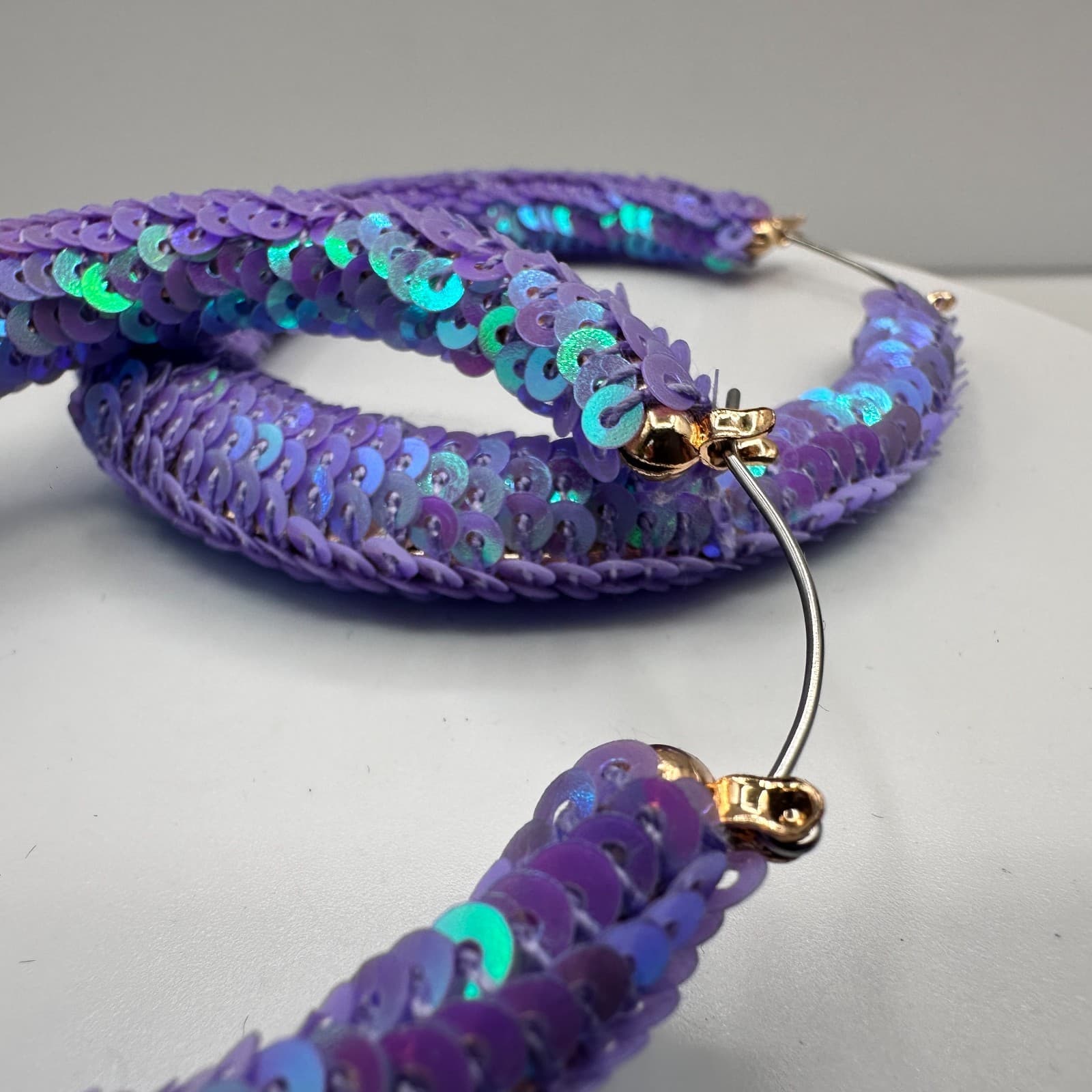 Vintage 90s Purple Iridescent Sequin Hoop Earrings Large Fashion Boho Statement - Thumbnail 5