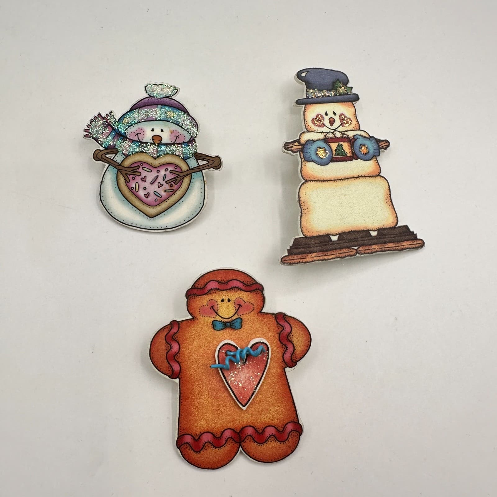 Vintage 90s Krazy Sues Kreations Snowman Gingerbread Pin Brooch Set Glitter Art - Thumbnail 2