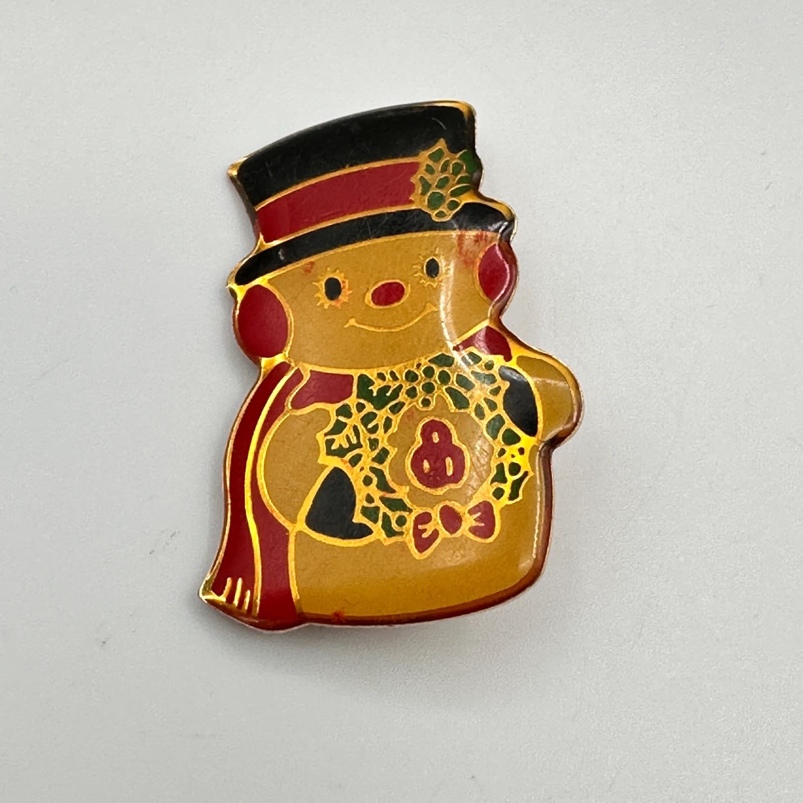 Vintage 80s Christmas Snowman Brooch Pin Gold Tone Enamel Holiday Jewelry - Image 1