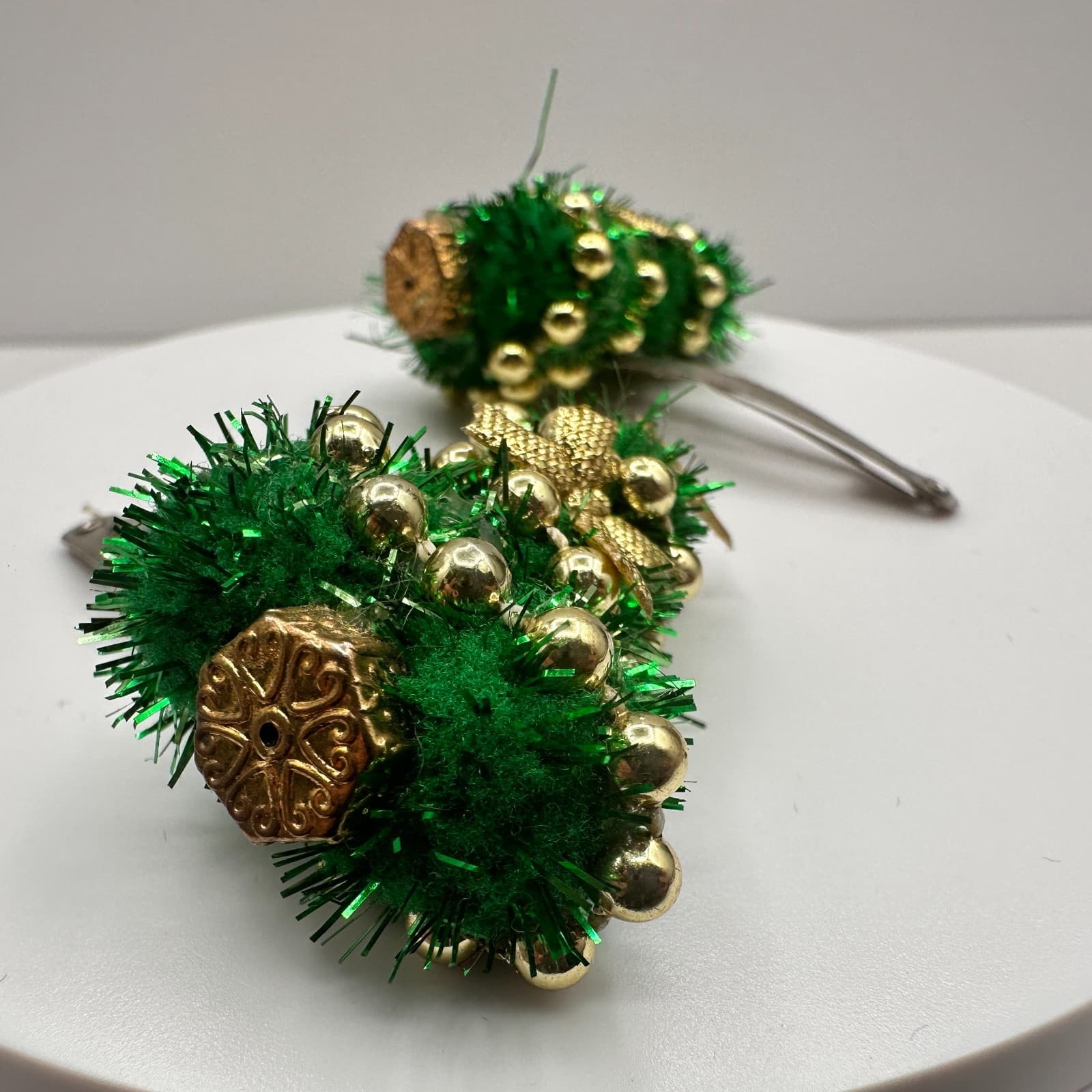 Vintage 90s Christmas Tree Hair Clips Green & Gold Tinsel Festive Snap Barrette - Thumbnail 5