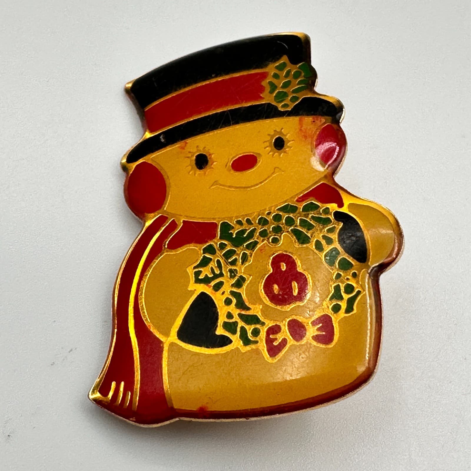 Vintage 80s Christmas Snowman Brooch Pin Gold Tone Enamel Holiday Jewelry - Thumbnail 2