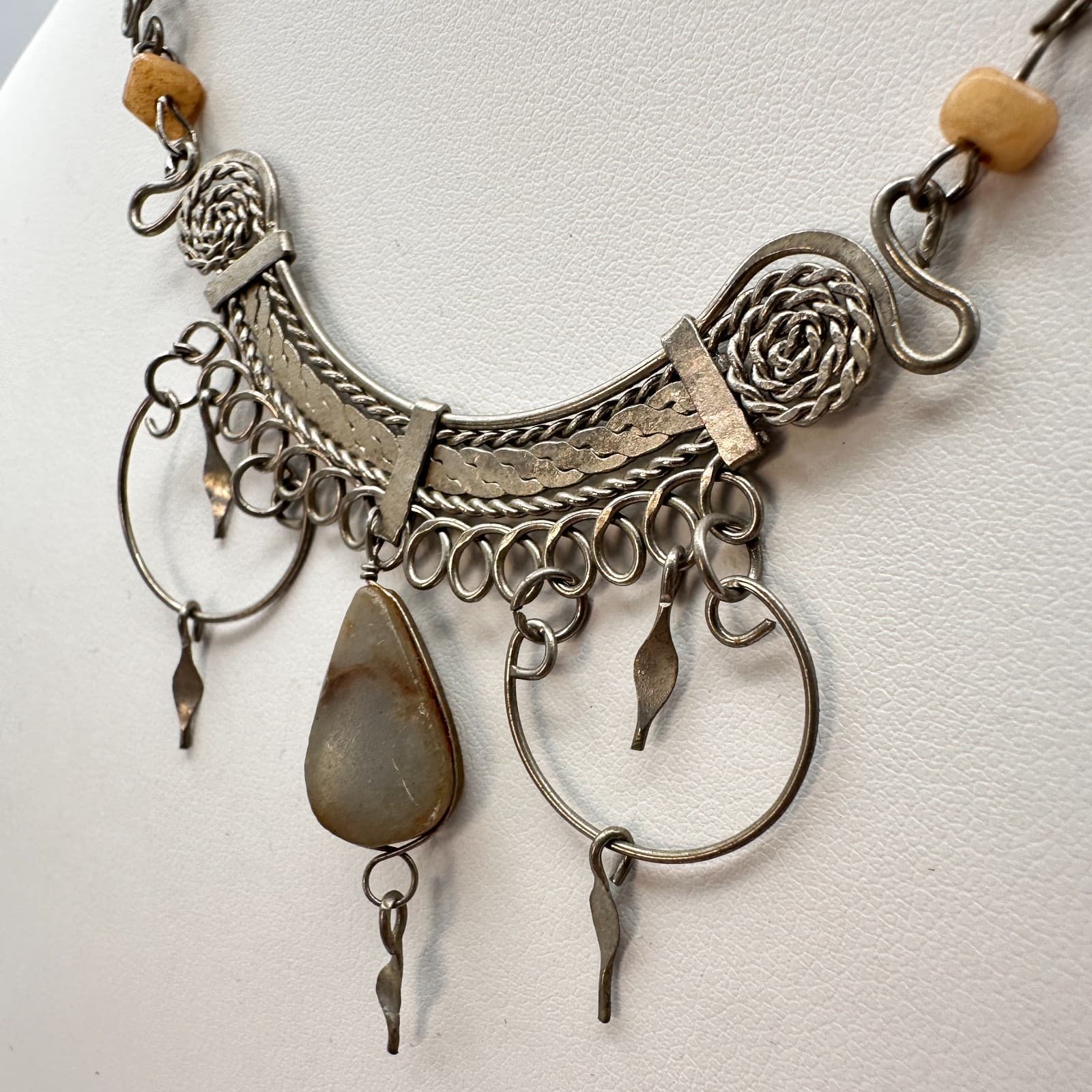 Vintage 90s Silver Tone bib Necklace Natural Stone Agate Teardrop Dangle Boho - Thumbnail 6