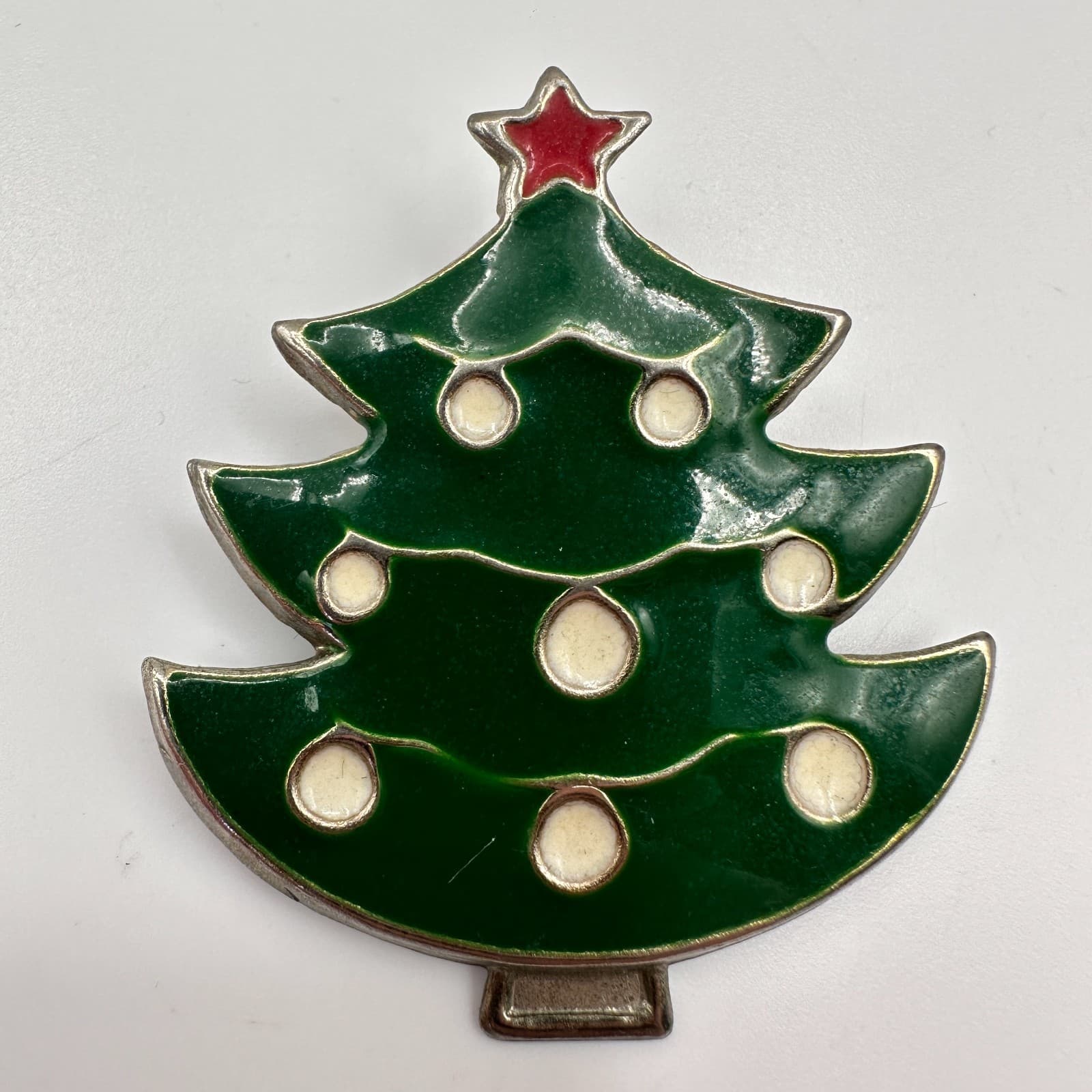 Vintage 90s Christmas Tree Brooch Pin Green Enamel Silver Tone Classic Jewelry - Thumbnail 3