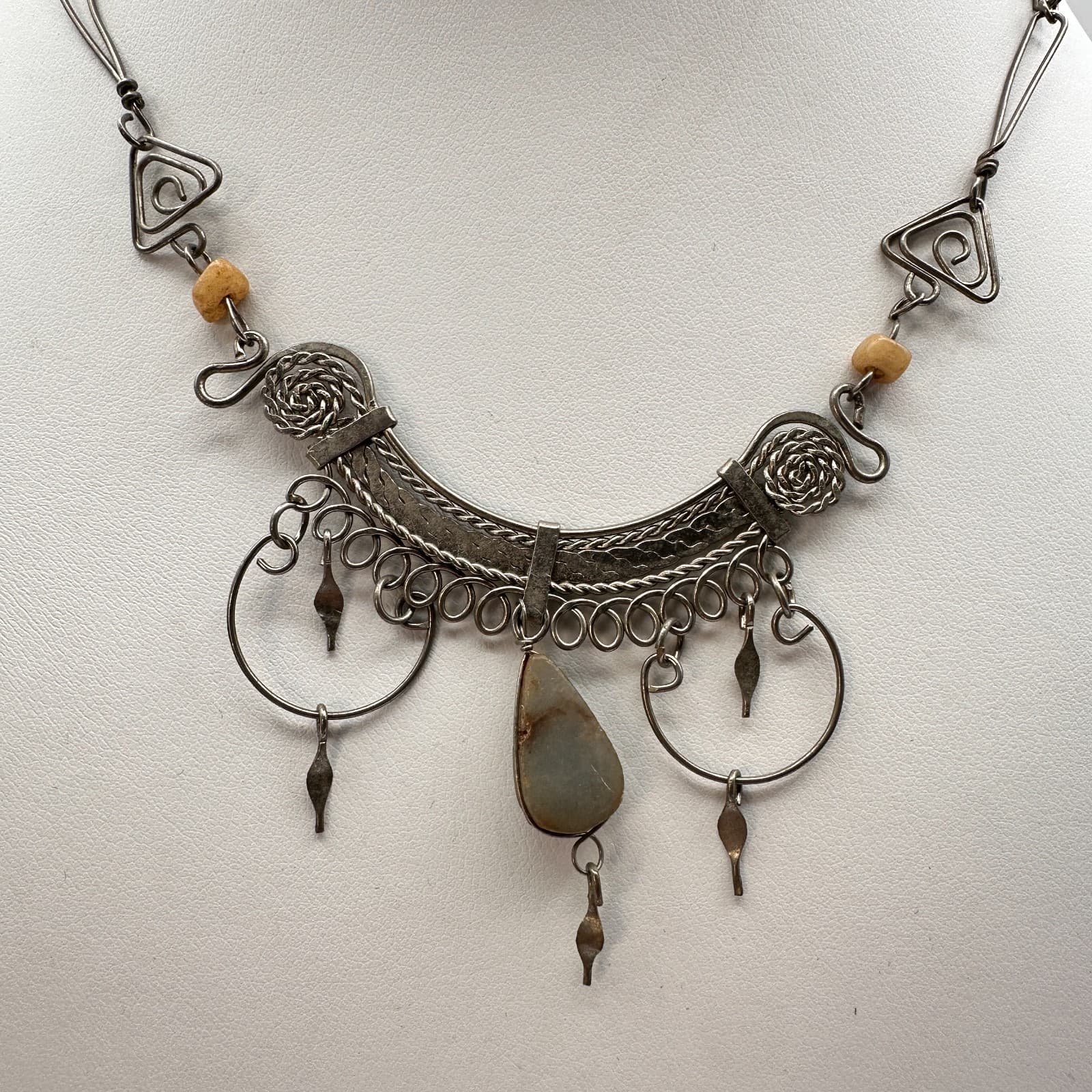 Vintage 90s Silver Tone bib Necklace Natural Stone Agate Teardrop Dangle Boho - Thumbnail 2