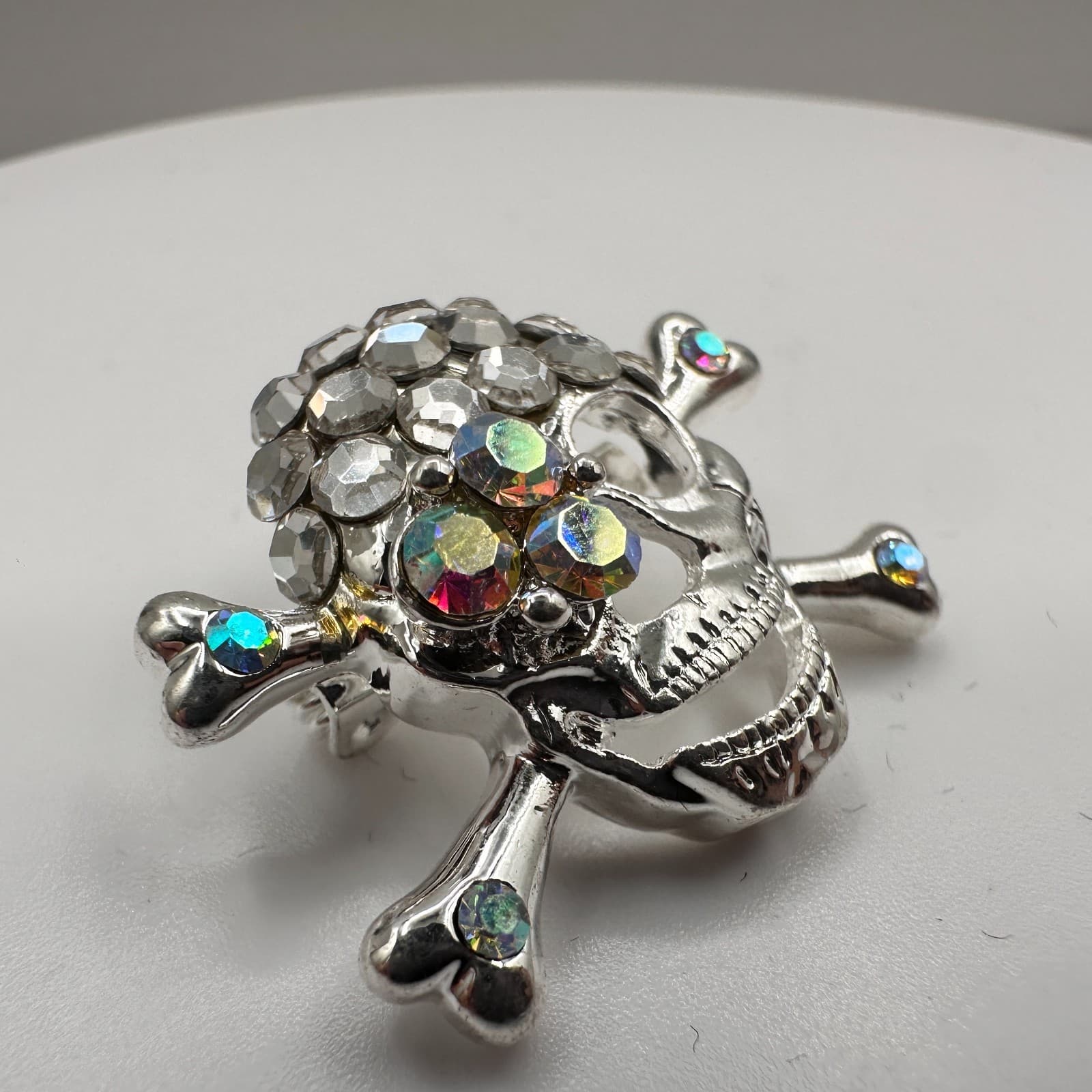 Vintage 90s Skull & Crossbones Brooch Set Gold & Silver Tone Glass Rhinestone - Thumbnail 9