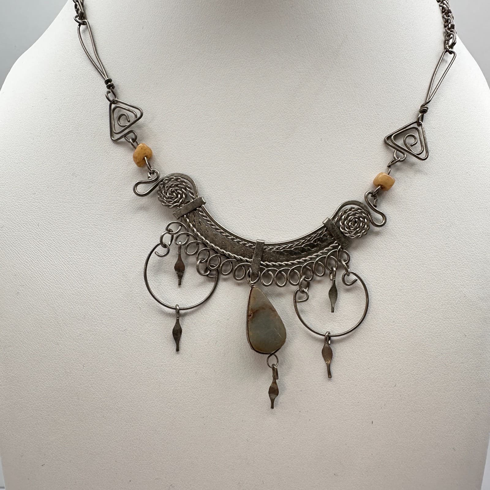 Vintage 90s Silver Tone bib Necklace Natural Stone Agate Teardrop Dangle Boho - Thumbnail 8