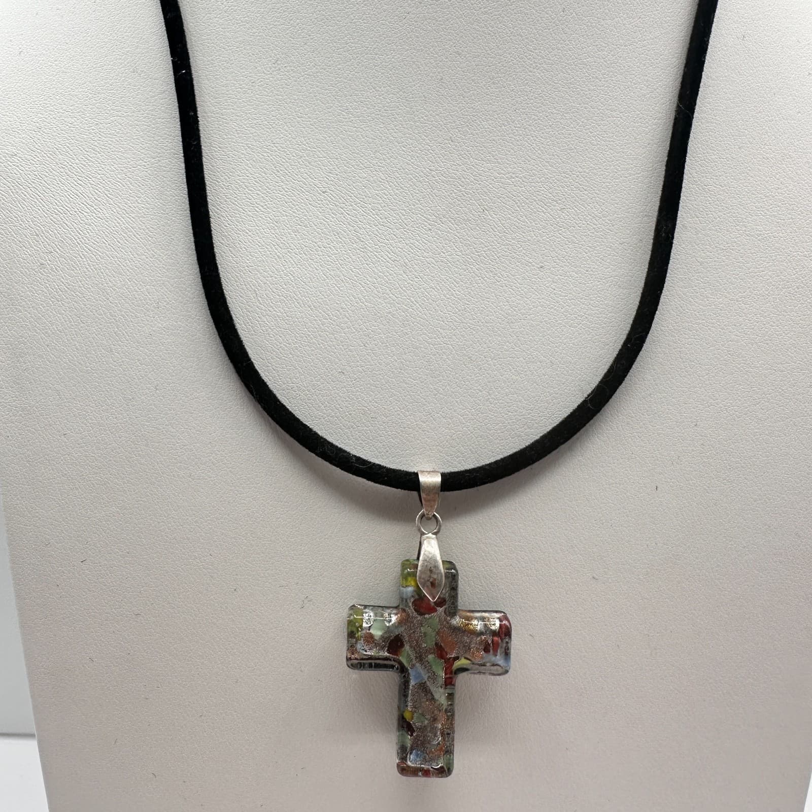 Vintage 90s Millefiori Art Glass Cross Pendant Necklace Multicolor Boho Cord - Thumbnail 5