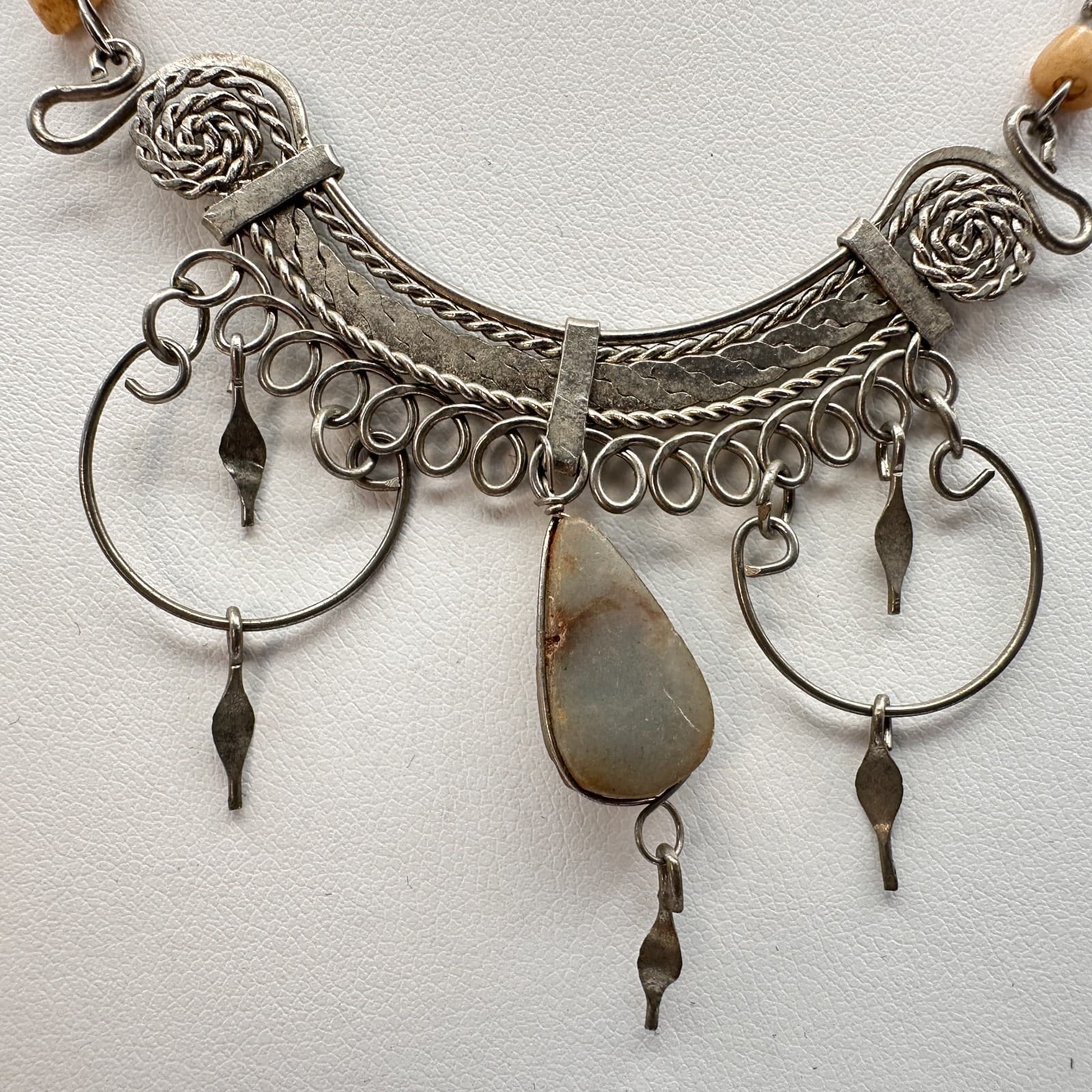 Vintage 90s Silver Tone bib Necklace Natural Stone Agate Teardrop Dangle Boho - Thumbnail 3