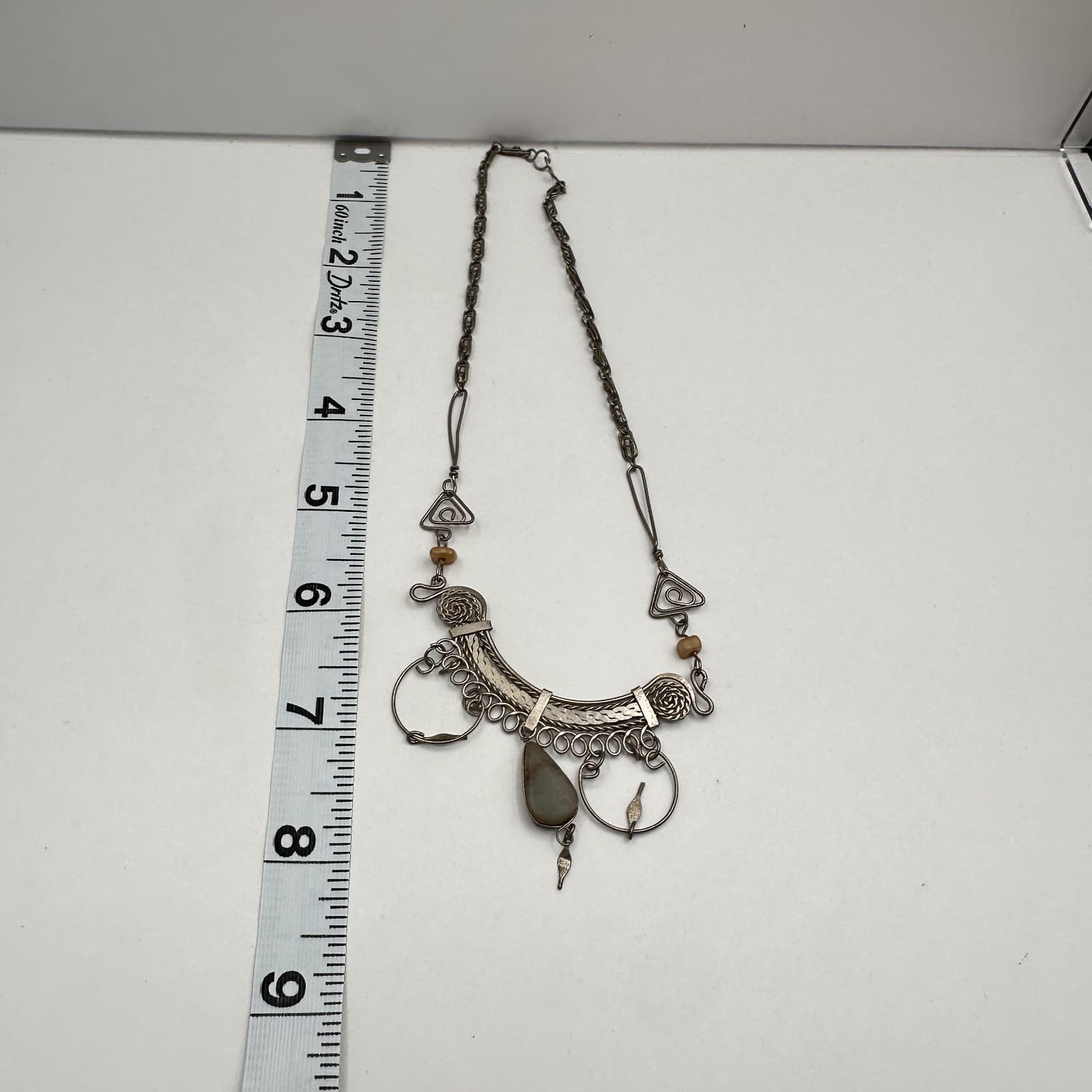 Vintage 90s Silver Tone bib Necklace Natural Stone Agate Teardrop Dangle Boho - Thumbnail 10