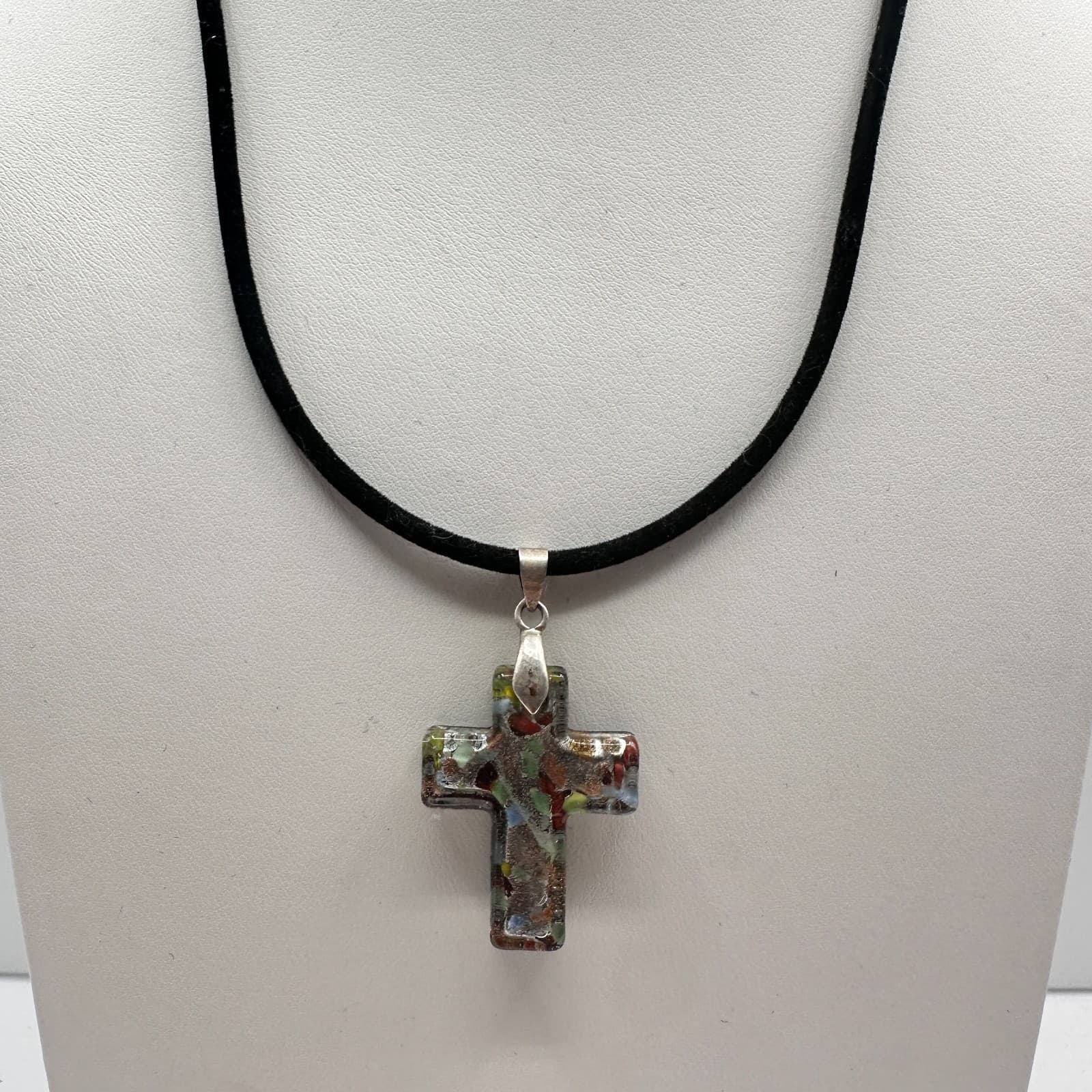 Vintage 90s Millefiori Art Glass Cross Pendant Necklace Multicolor Boho Cord - Thumbnail 2