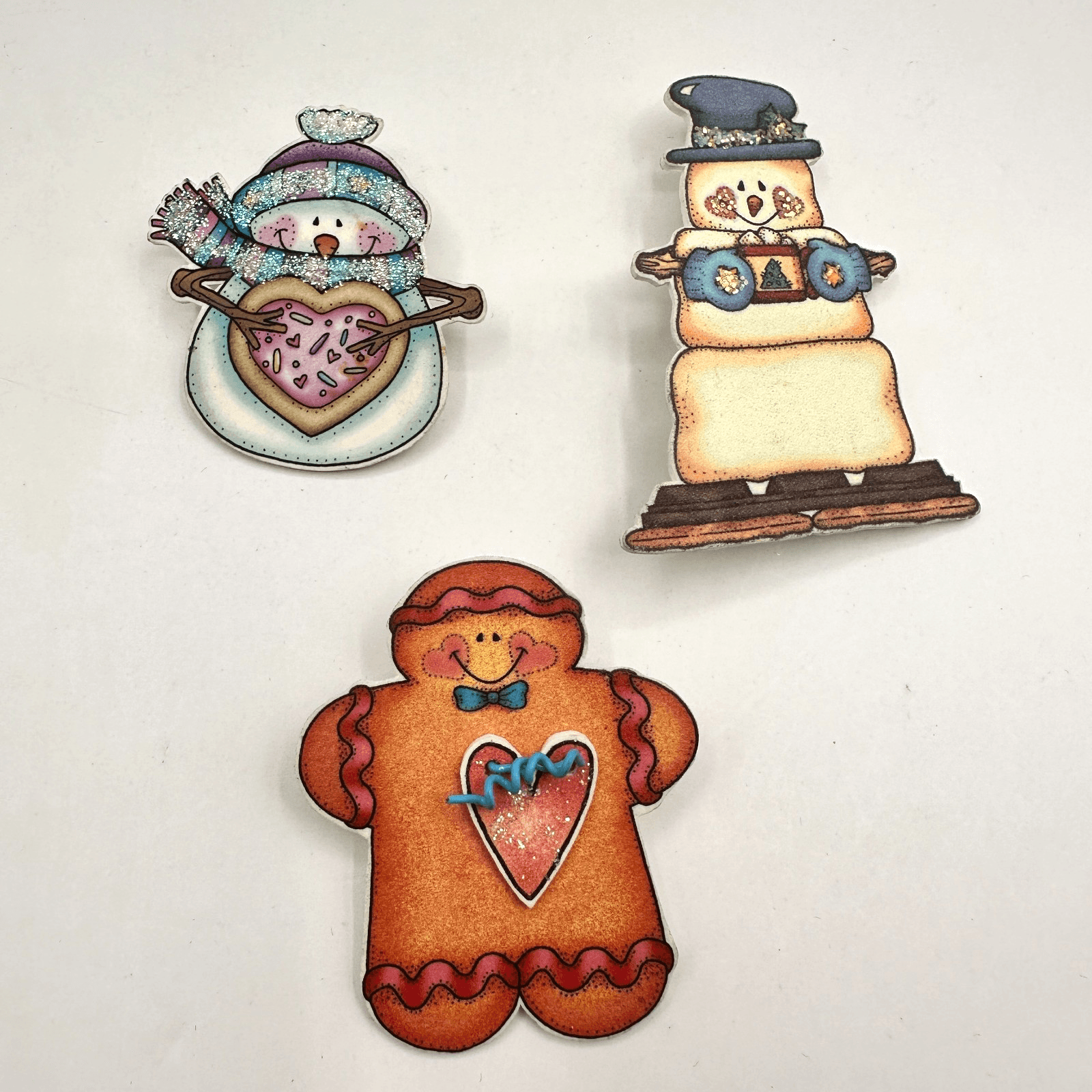 Vintage 90s Krazy Sues Kreations Snowman Gingerbread Pin Brooch Set Glitter Art - Image 1