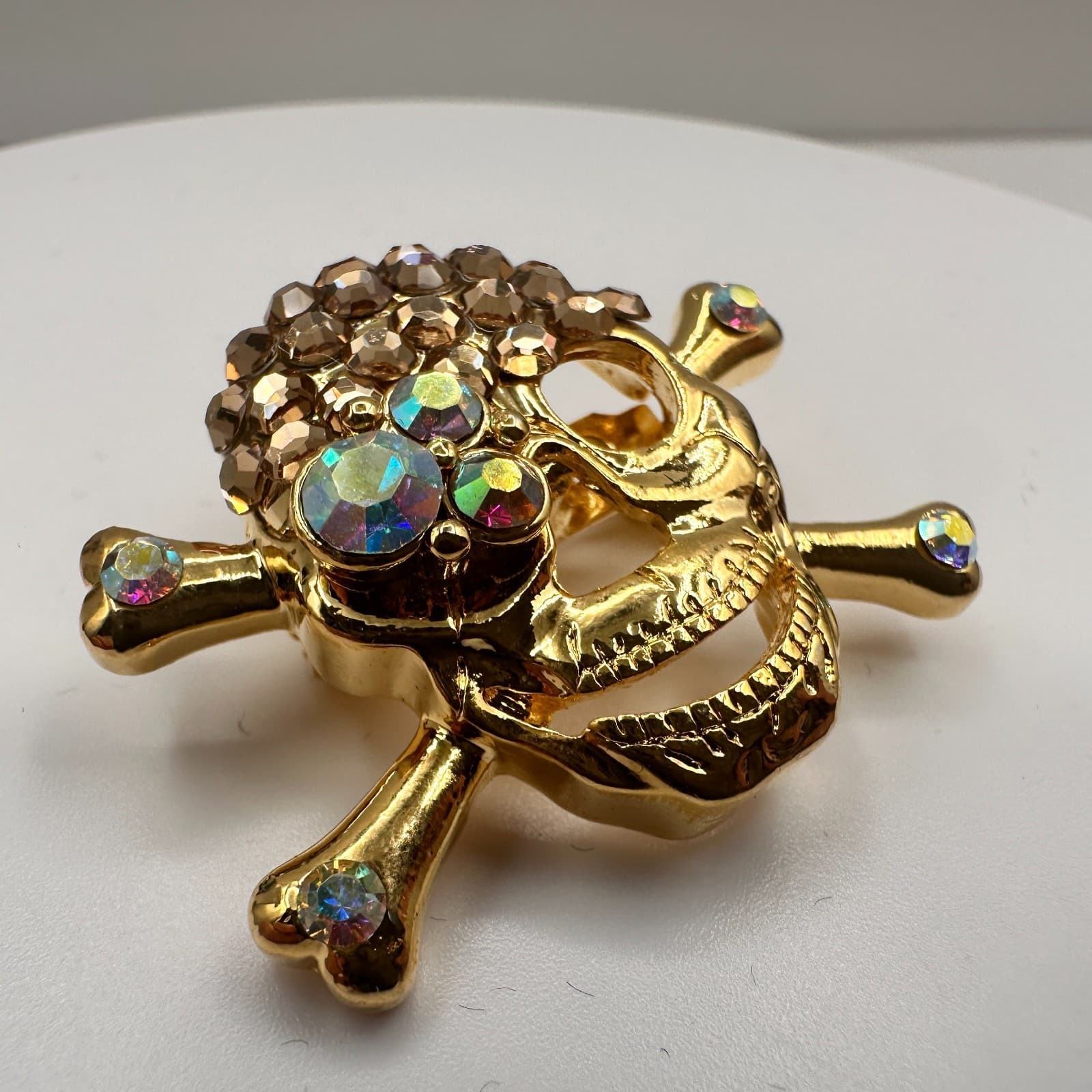 Vintage 90s Skull & Crossbones Brooch Set Gold & Silver Tone Glass Rhinestone - Thumbnail 4