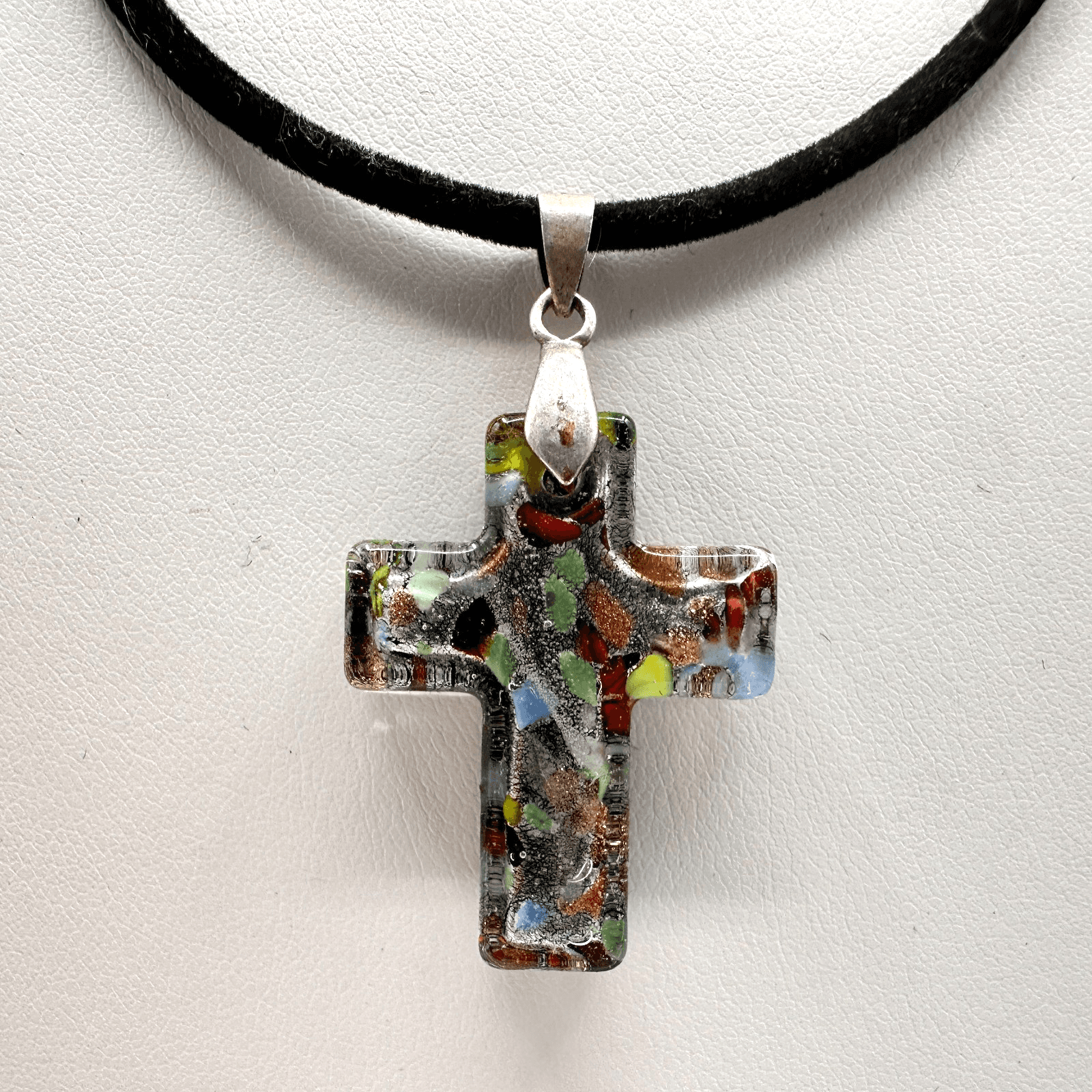 Vintage 90s Millefiori Art Glass Cross Pendant Necklace Multicolor Boho Cord - Image 1
