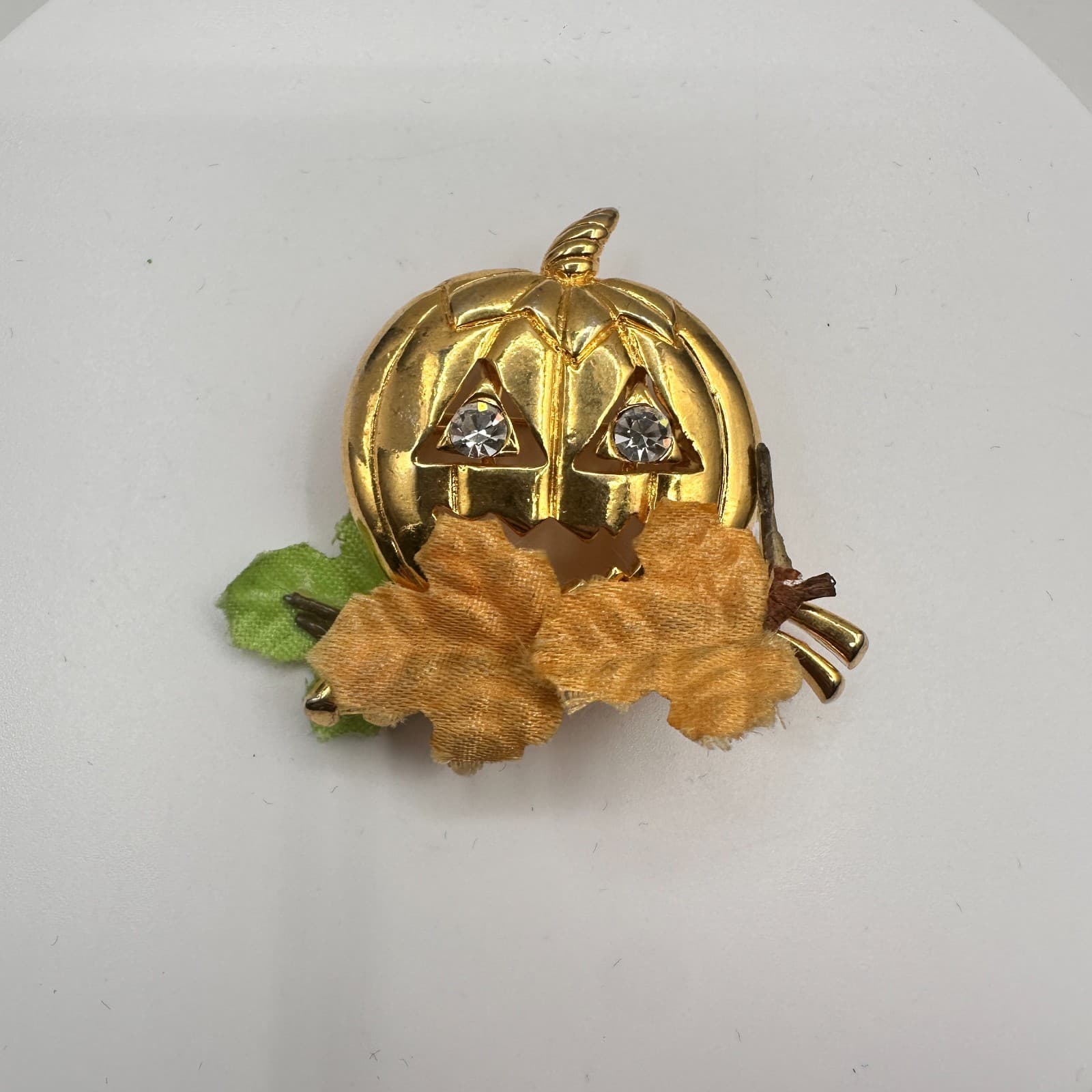 Vintage 90s Halloween Pumpkin Brooch Gold Tone Clear Rhinestone Eyes Fall Leaf - Image 1